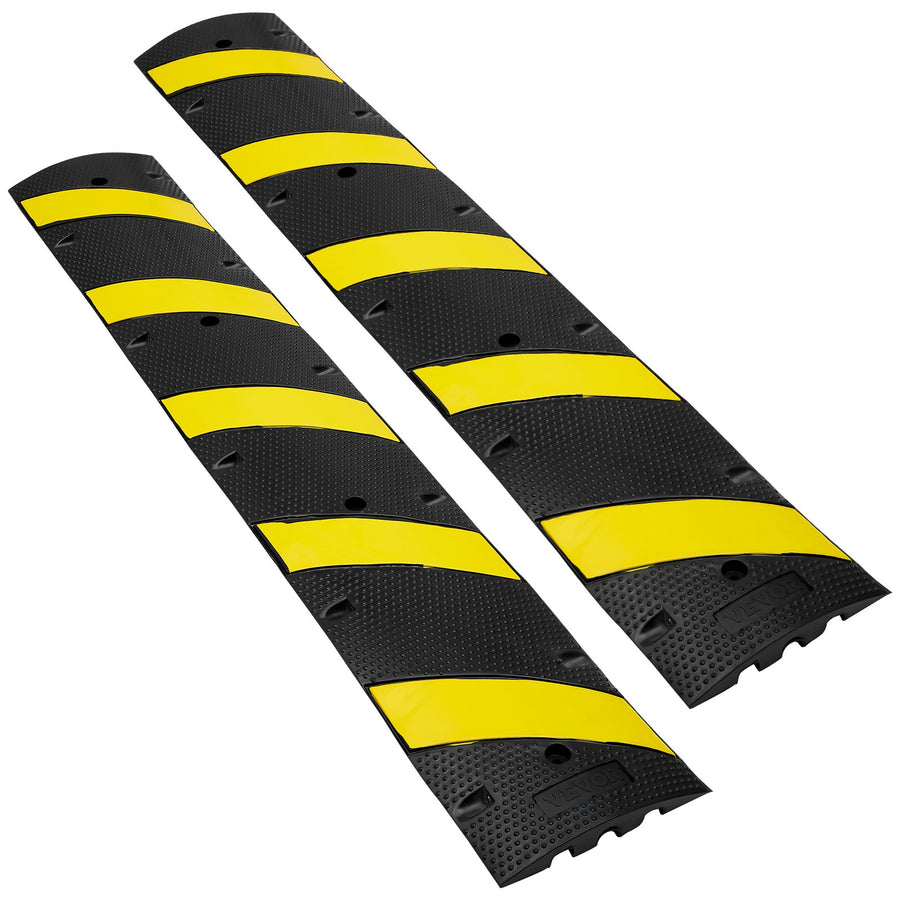 VEVOR 2PCs 6 ft Rubber Speed Hump, 2 Channel, 10000 kg/axle Capacity Heavy Duty Traffic Speed Bump, with High Reflective Yellow Strip 8 Expansion Screws and 1 Drill, for Asphalt Concrete Gravel Roads