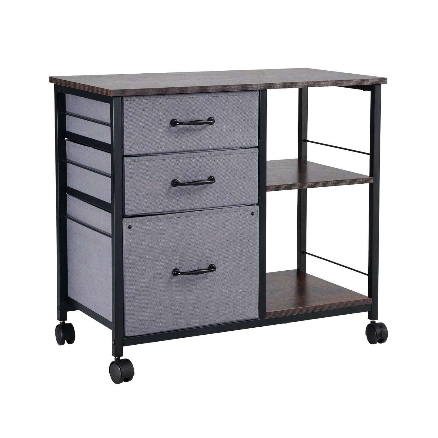 Mobile Metal File Cabinet with 3 Fabric Drawers and 2 Open Shelves Brown