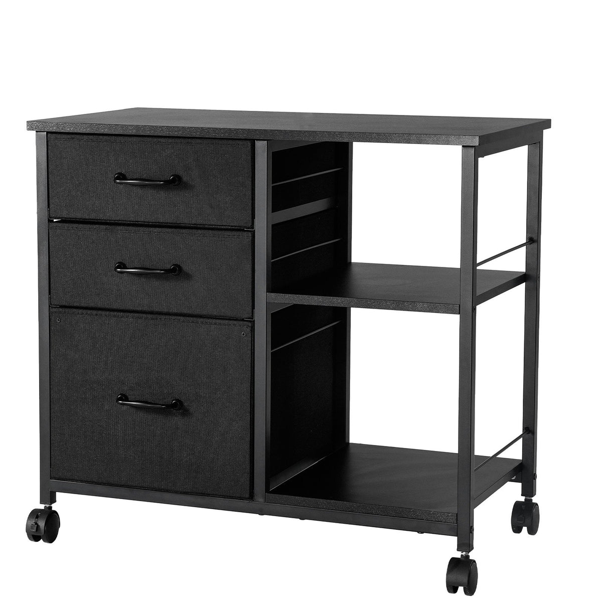 Mobile Metal File Cabinet with 3 Fabric Drawers and 2 Open Shelves Black
