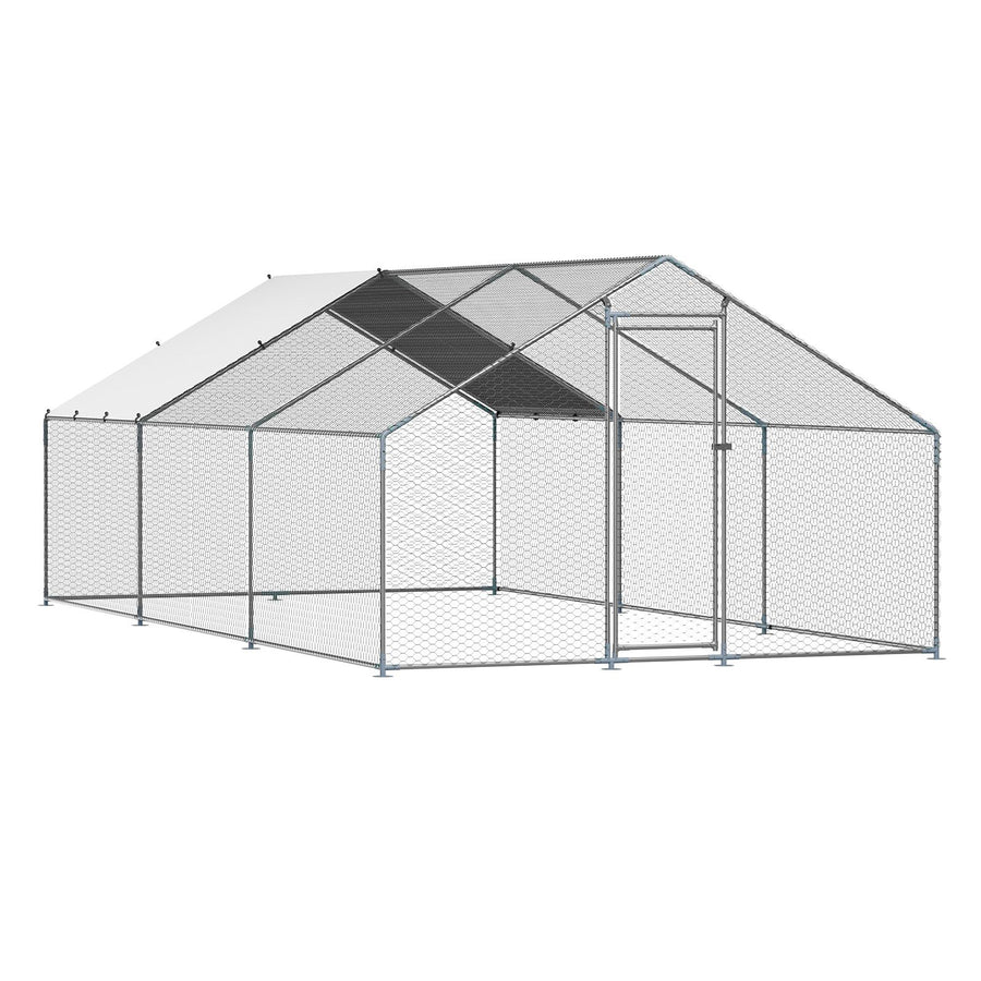 Metal Chicken Coop 9.8x19.6x6.5 ft Walk-in Chicken Run with Cover Spire Roof