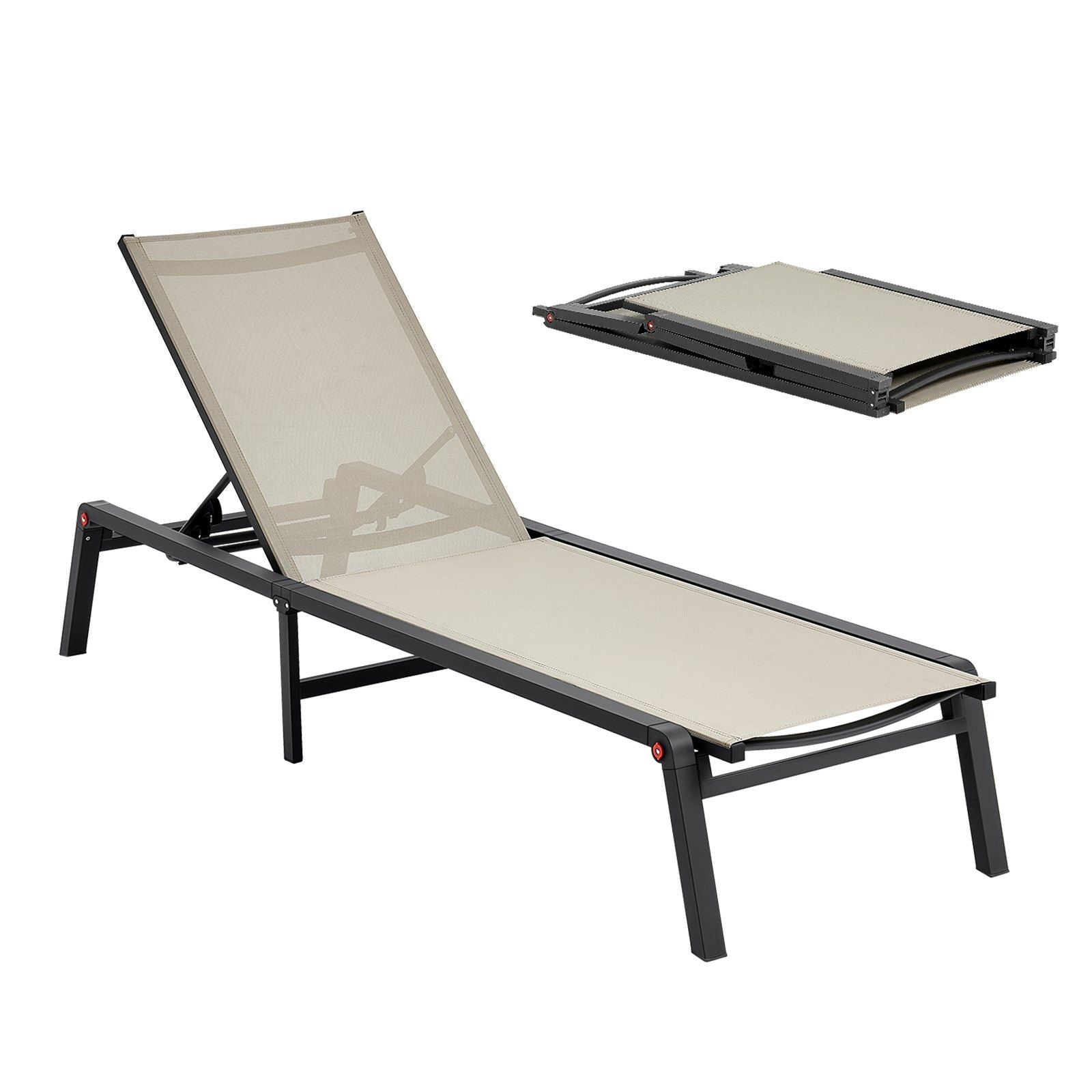 Outdoor Chaise Lounge Chair, 181 kg Weight Capacity, Foldable Sun Tanning Chair, 5 Adjustable Positions, Easy Assembly, Heavy Duty Aluminum Pool Recliner Lounge Chairs, for Beach Yard Patio