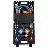 AC Manifold Gauge Set for R134a R404A R1234yf R22 Refrigerant, 4 Way AC Gauge with 1.5m Hoses, Adapters, Quick Couplers, Can Taps for Automotive Air Conditioning Maintenance, Charging Evacuation