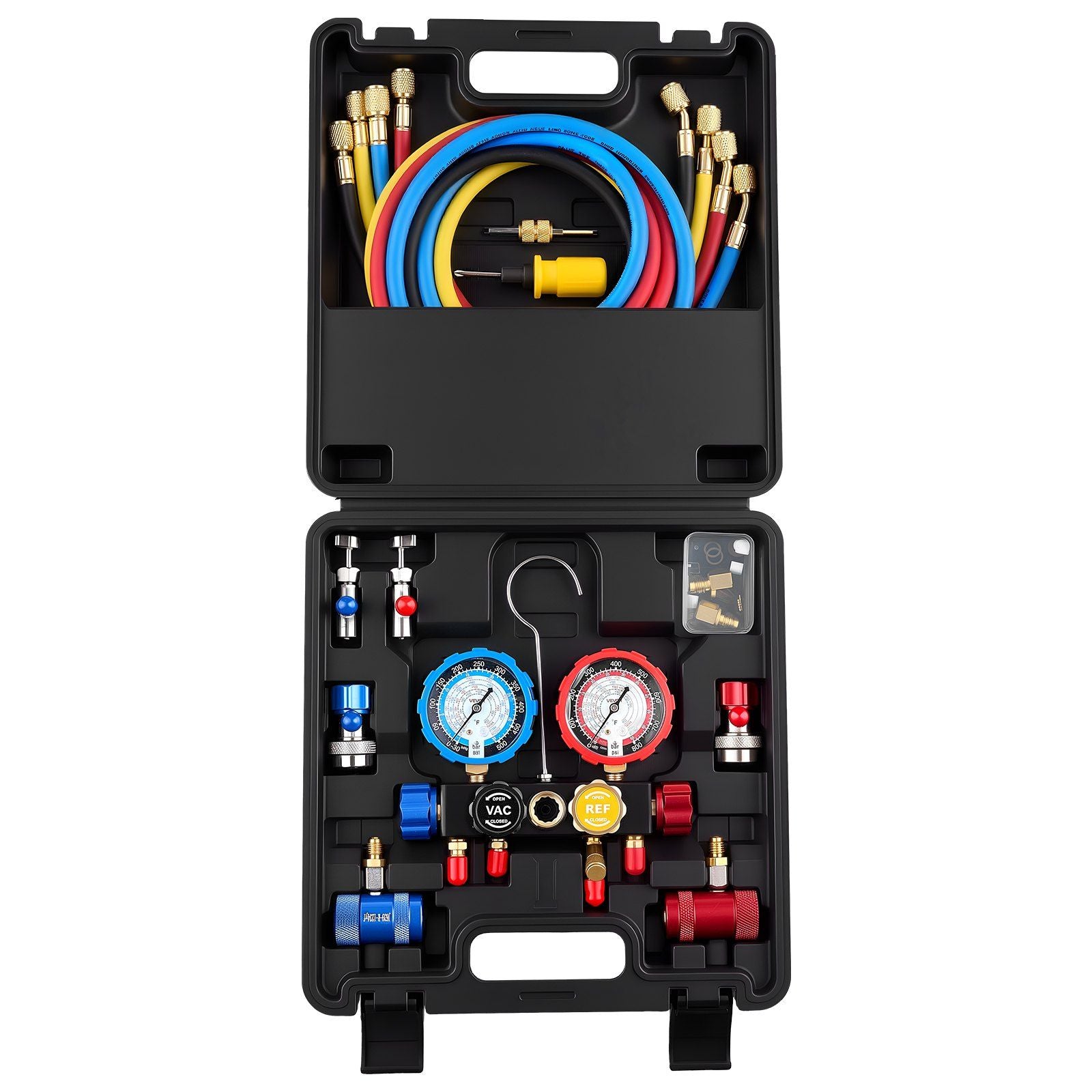 AC Manifold Gauge Set for R134a R404A R1234yf R22 Refrigerant, 4 Way AC Gauge with 1.5m Hoses, Adapters, Quick Couplers, Can Taps for Automotive Air Conditioning Maintenance, Charging Evacuation