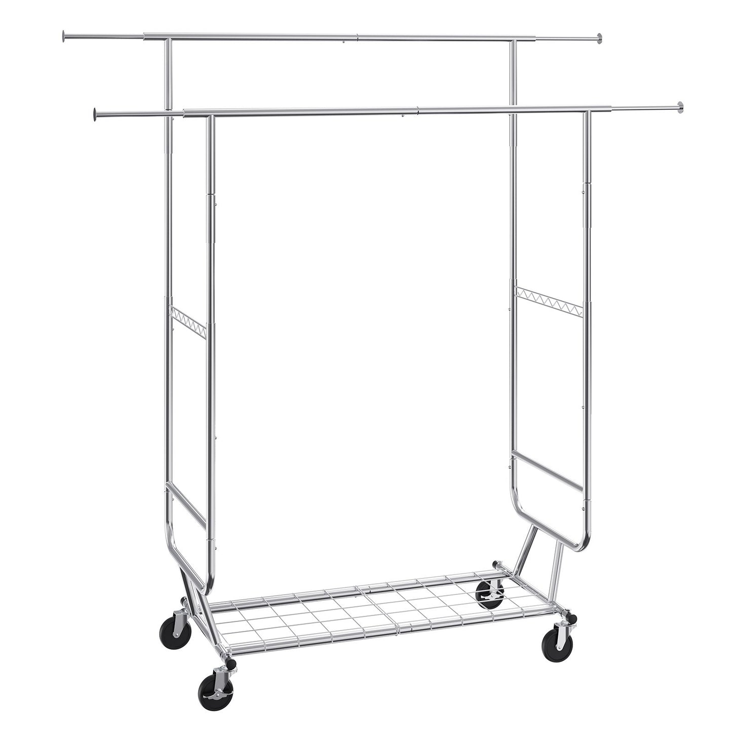 Heavy Duty Clothes Rack, Double Hanging Rod Clothing Garment Rack for Hanging Clothes, Adjustable Height and Extendable Length Clothing Rack with Bottom Storage Area, 272 KG Load Capacity