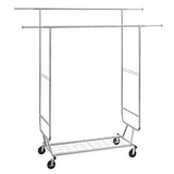 Heavy Duty Clothes Rack, Double Hanging Rod Clothing Garment Rack for Hanging Clothes, Adjustable Height and Extendable Length Clothing Rack with Bottom Storage Area, 272 KG Load Capacity