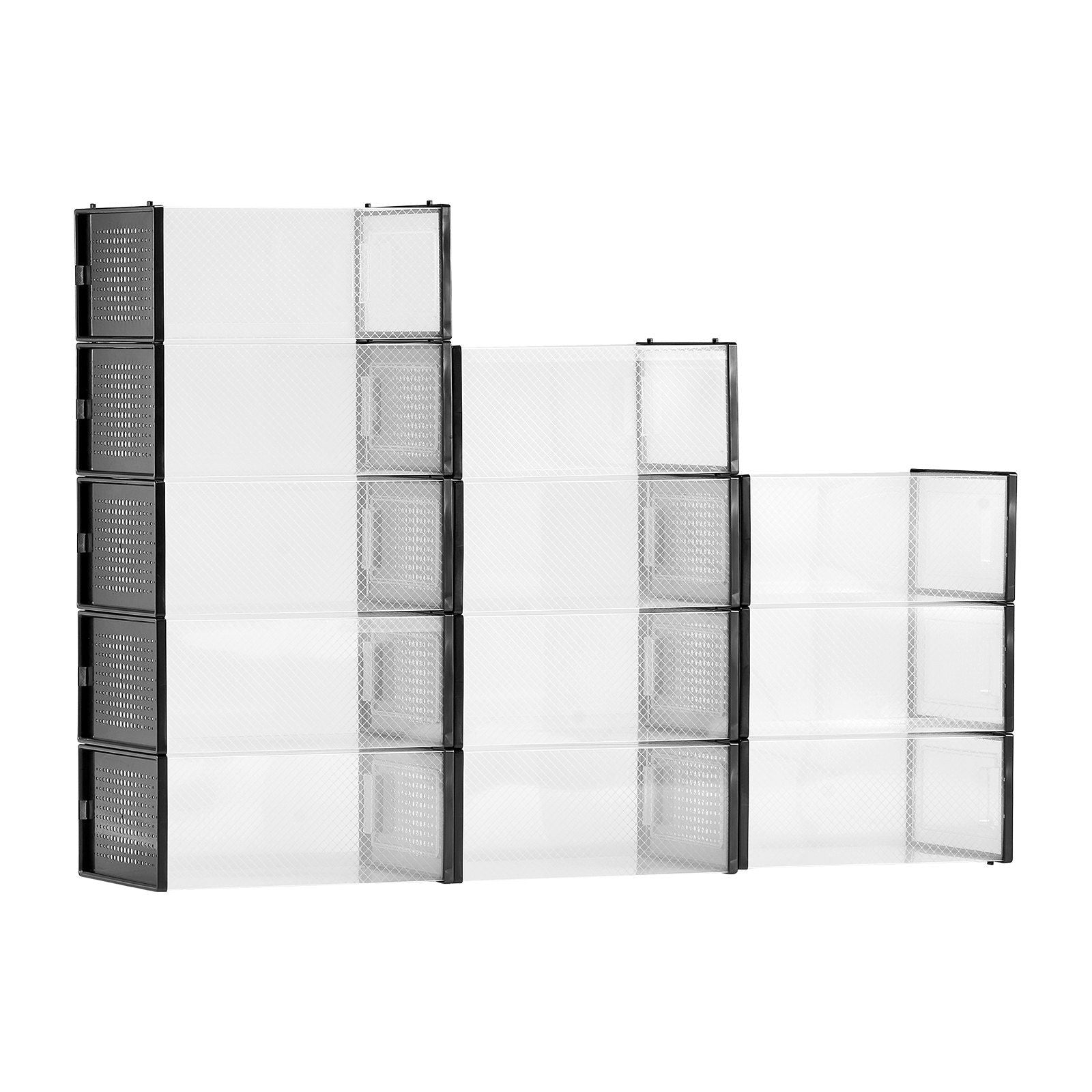 Shoe Storage Boxes, 12 Pack Stackable Shoe Boxes Storage Organizers, Fit up to US Size 11, Plastic Modular Space Saving Sneaker Containers for Storing High Heels, Boots, and Hats, Black Frame