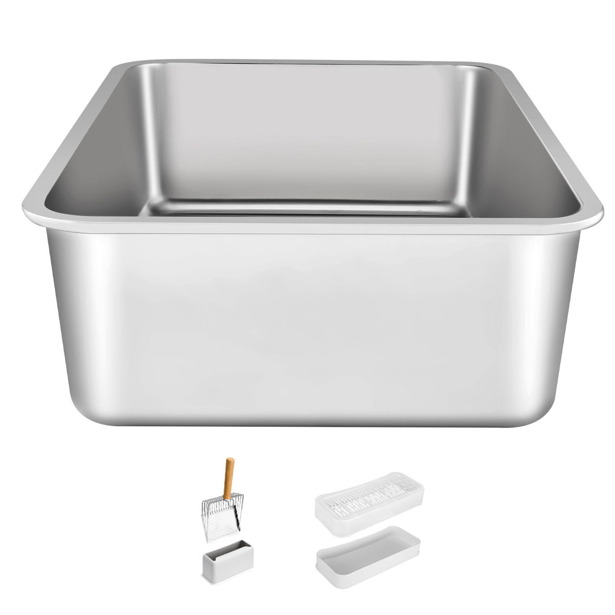 Cat Litter Box, 152 mm Deep, XL Extra Large Stainless Steel Cat Litter Box with Scoop, Wide Filtering Foot Board & High Sides, Enclosed Odor-Free Easy-to-Clean Litter Box, Fit for Big Cats