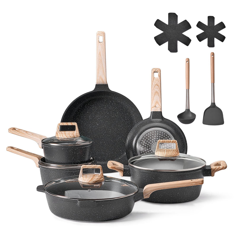 VEVOR 17 Piece Pots and Pans Set Granite Nonstick Kitchen Cookware Black