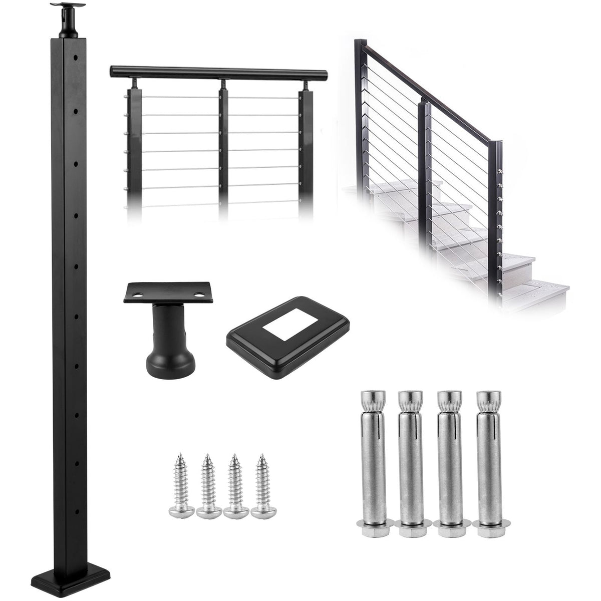 Cable Railing Post Level Deck Stair Post 42 x 1.97 x 1.97" Cable Handrail Post Stainless Steel Brushed Finishing Deck Railing Pre-Drilled Pickets with Mounting Bracket Stair Railing Kit Black 106.7*5*5cm