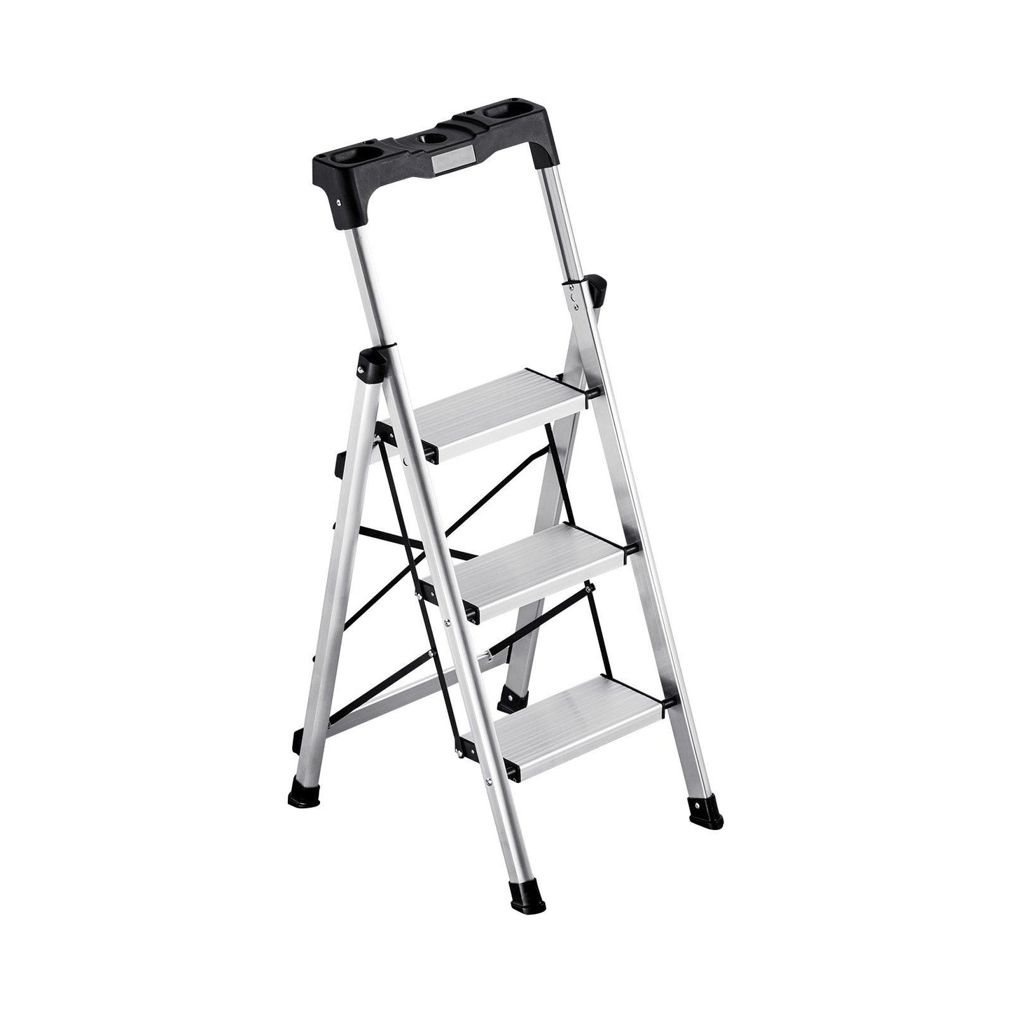 3 Step Ladder, Folding Step Stool with Wide Anti-Slip Pedal and Comfort Handgrip, 150 kg Capacity Portable Aluminum Stepladder, Multi-Use for Kitchen, Warehouse, Household and Office, Silver