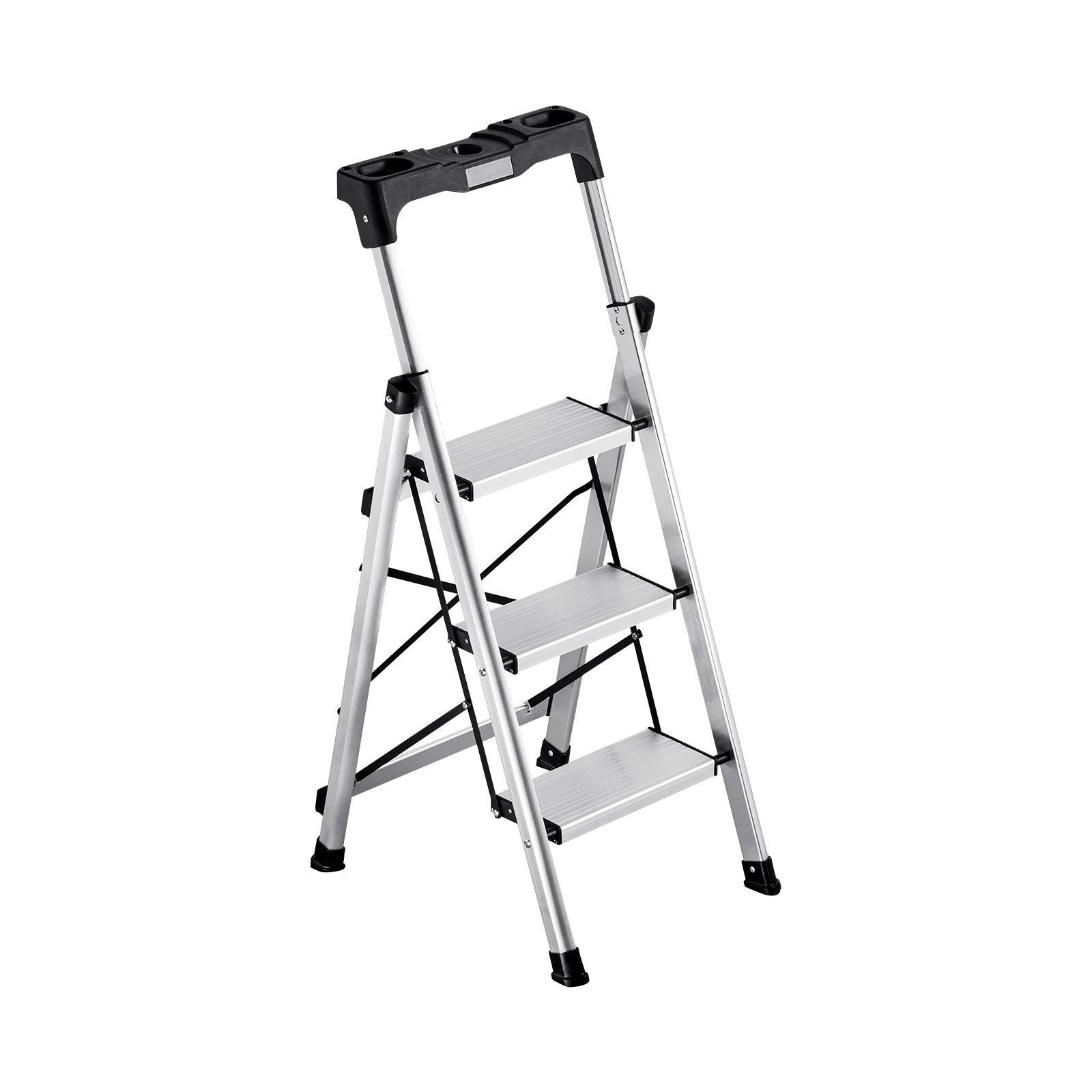 3 Step Ladder, Folding Step Stool with Wide Anti-Slip Pedal and Comfort Handgrip, 150 kg Capacity Portable Aluminum Stepladder, Multi-Use for Kitchen, Warehouse, Household and Office, Silver