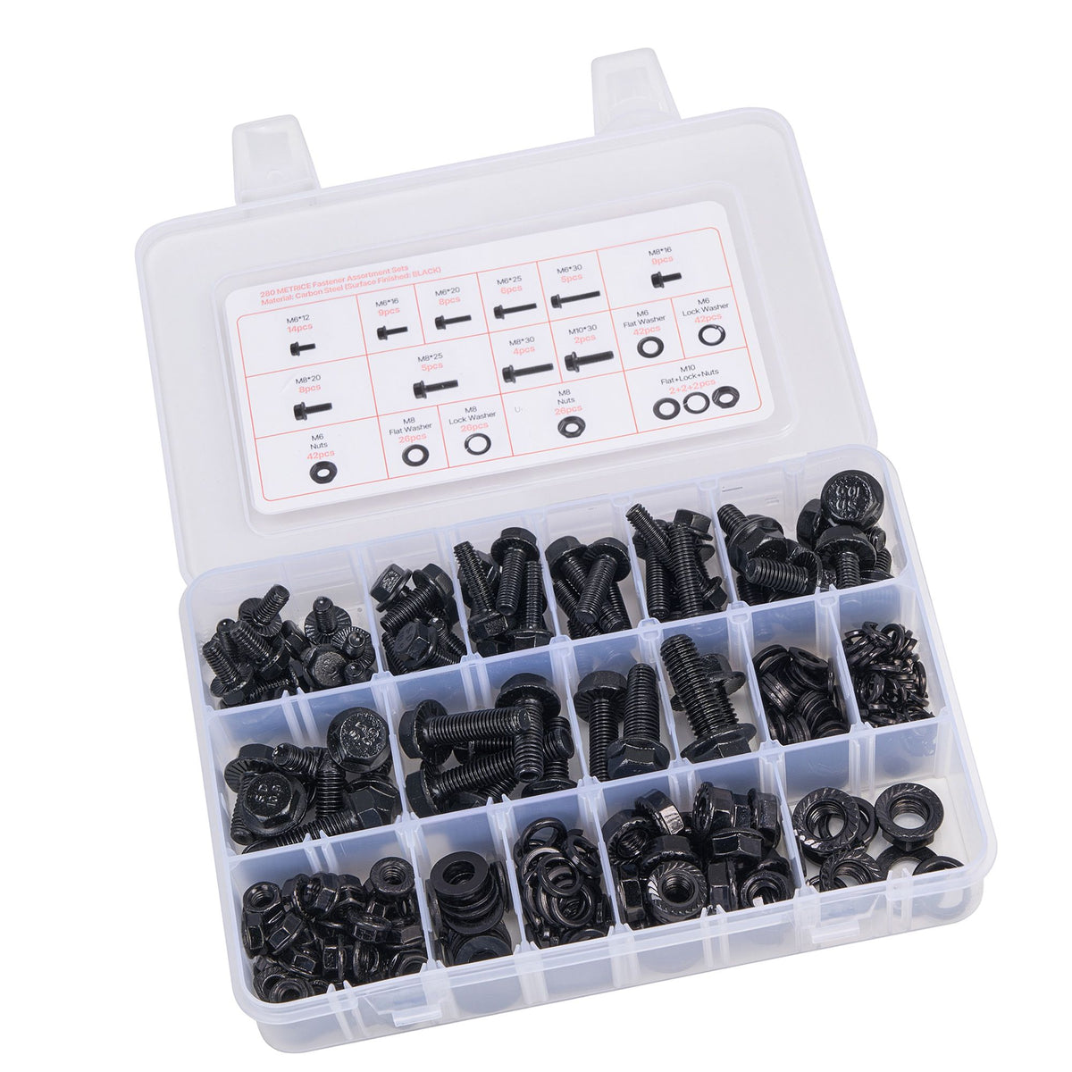 280 Pcs Bolts and Nuts Assortment Kit, Metric Machine Screws and Flat Washers, Alloy Steel M6/M8/M10 Multiple Size, for Furniture / Equipment Assembly, Vehicle Grade 10.9 Black, with Case