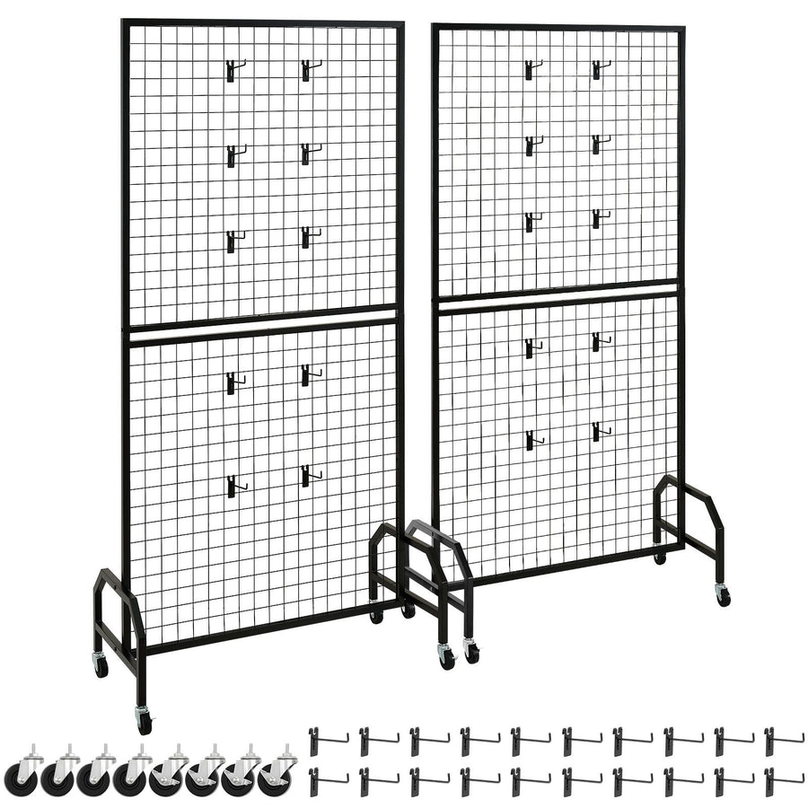 2 Packs Grid Wall Panels, 898 x 1798 mm Wire Grid Panels Display Rack, Movable Art Display Shelf with Wheels & 10 Hooks, Black Carbon Steel Gridwall for Craft Show, Decor, Storage, Notice Board