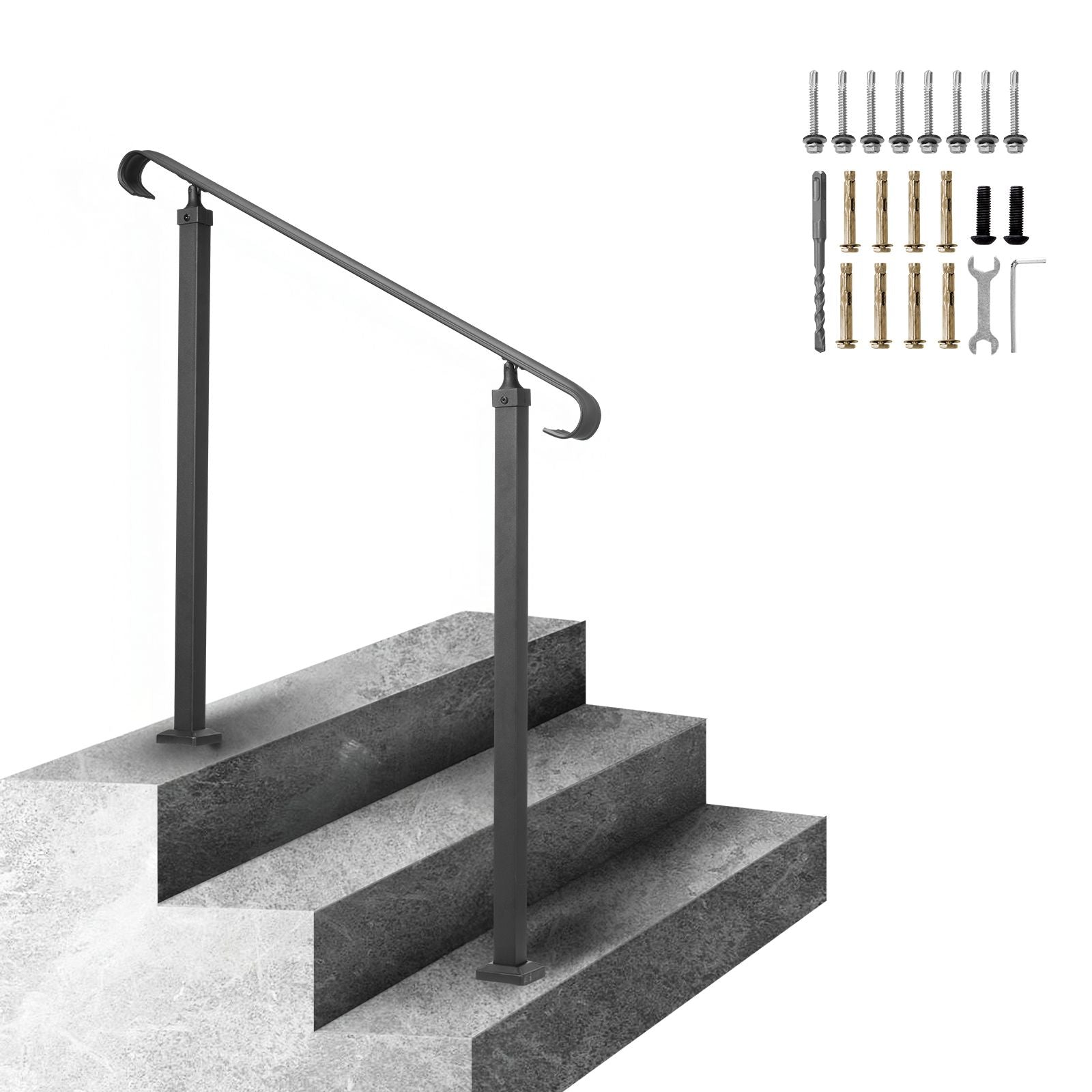 Handrails for Outdoor Steps, Fit 1-3 Steps Outdoor Stair Railing, Wrought Iron Handrail, Adjustable Front Porch Hand Rail, Black Transitional Hand railings for Concrete Steps or Wooden Stairs