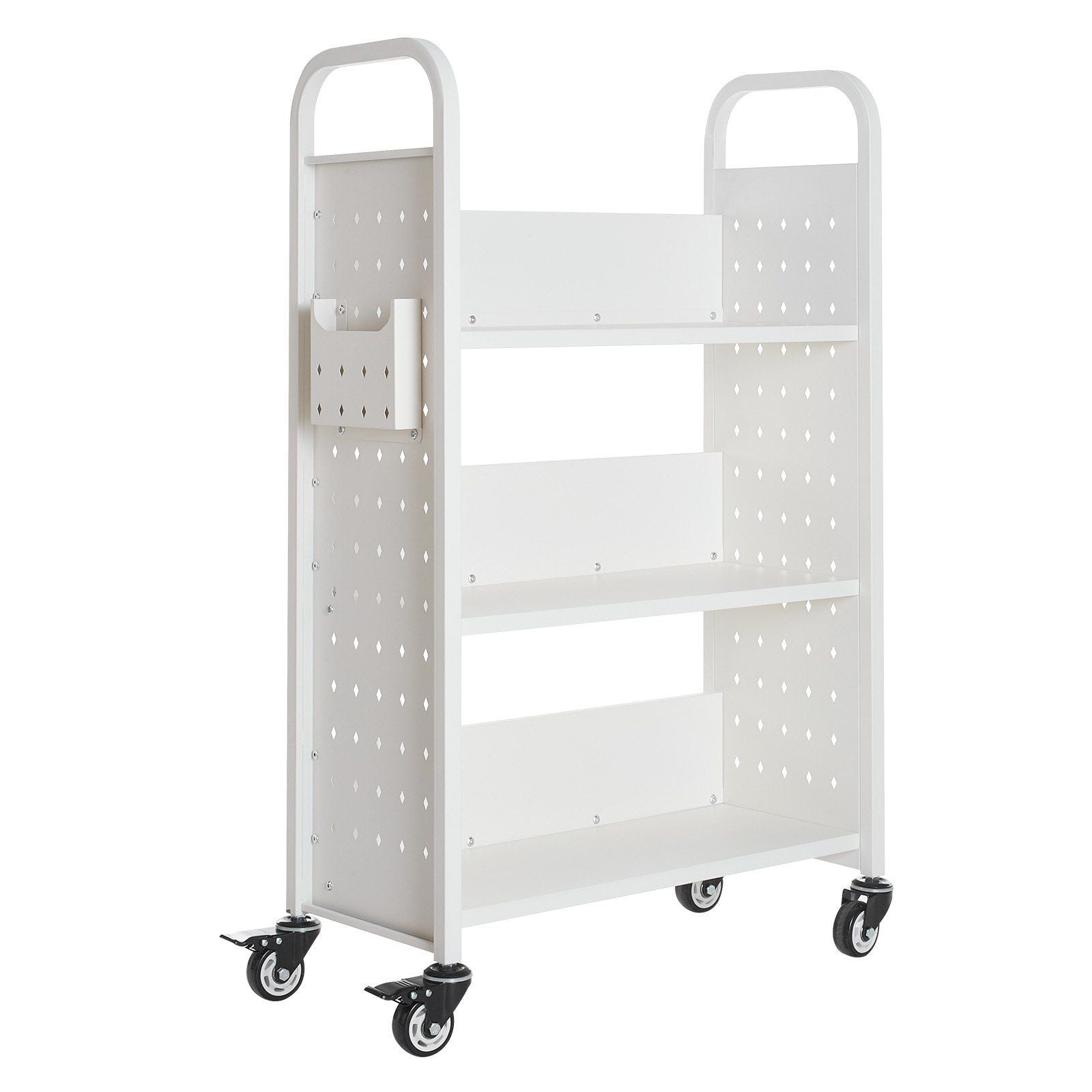 Rolling Library Book Cart, 150 kg Capacity, 77 x 38 x 122 cm Library Cart, Single Sided L-Shaped Shelves with 76.2 mm Lockable Wheels, Book Truck for Home Shelves Office and School, White
