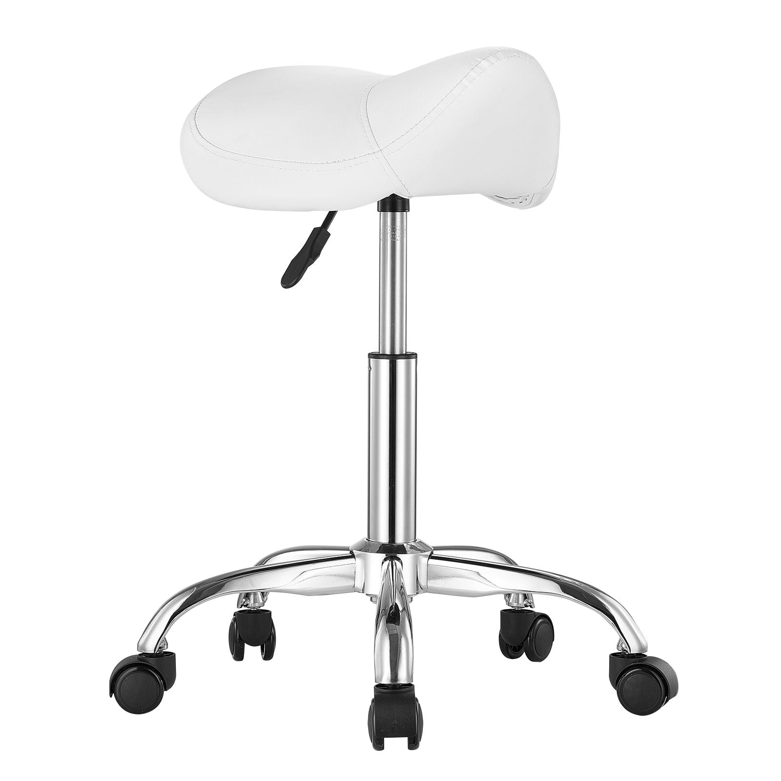 Saddle Rolling Stool, PU Leather Rolling Stool with Wheels, 360° Swivel Drafting Stool with Thickened Cushion, Height Adjustable Rolling Work SPA Stool, for Office, Home, Salon & Bar, White