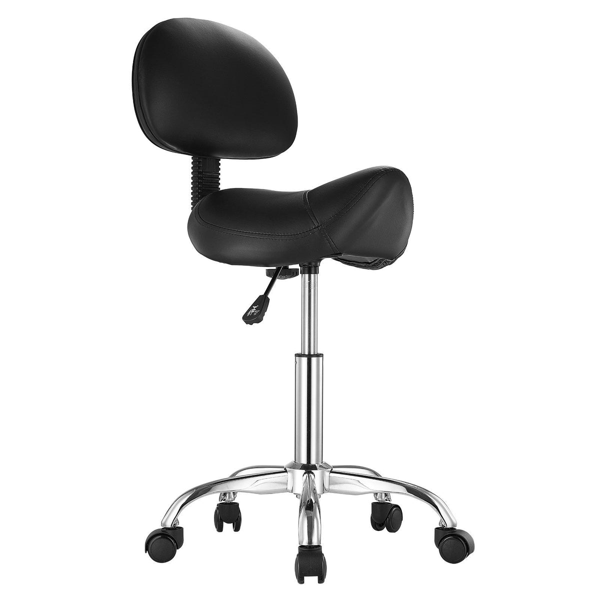 Saddle Rolling Stool, PU Leather Rolling Stool with Backrest, 360° Swivel Drafting Stool with Thickened Cushion, Height Adjustable Rolling Work SPA Stool, for Office, Home, Salon & Bar, Black