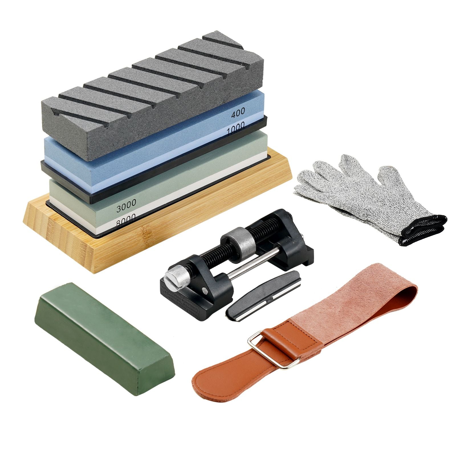 Whetstone Knife Sharpening Kit, 2 Dual-Sided Grit Whetstones 400/1000 3000/8000, 10PCS Knife Sharpener Kit with 3 Non-Slip Bases, Angle & Honing Guide, Flattening Stone for All Knives, Scissors