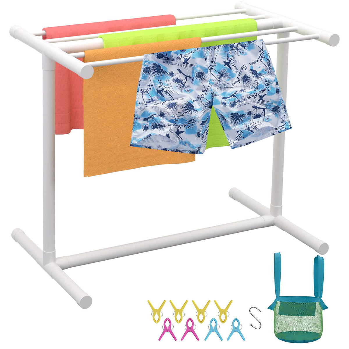 Pool Towel Rack, 5 Bar, White, Freestanding Outdoor PVC T-Shape Poolside Storage Organizer, Include 8 Towel Clips, Mesh Bag, Hook, Also Stores Floats and Paddles, for Beach, Swimming Pool, Home