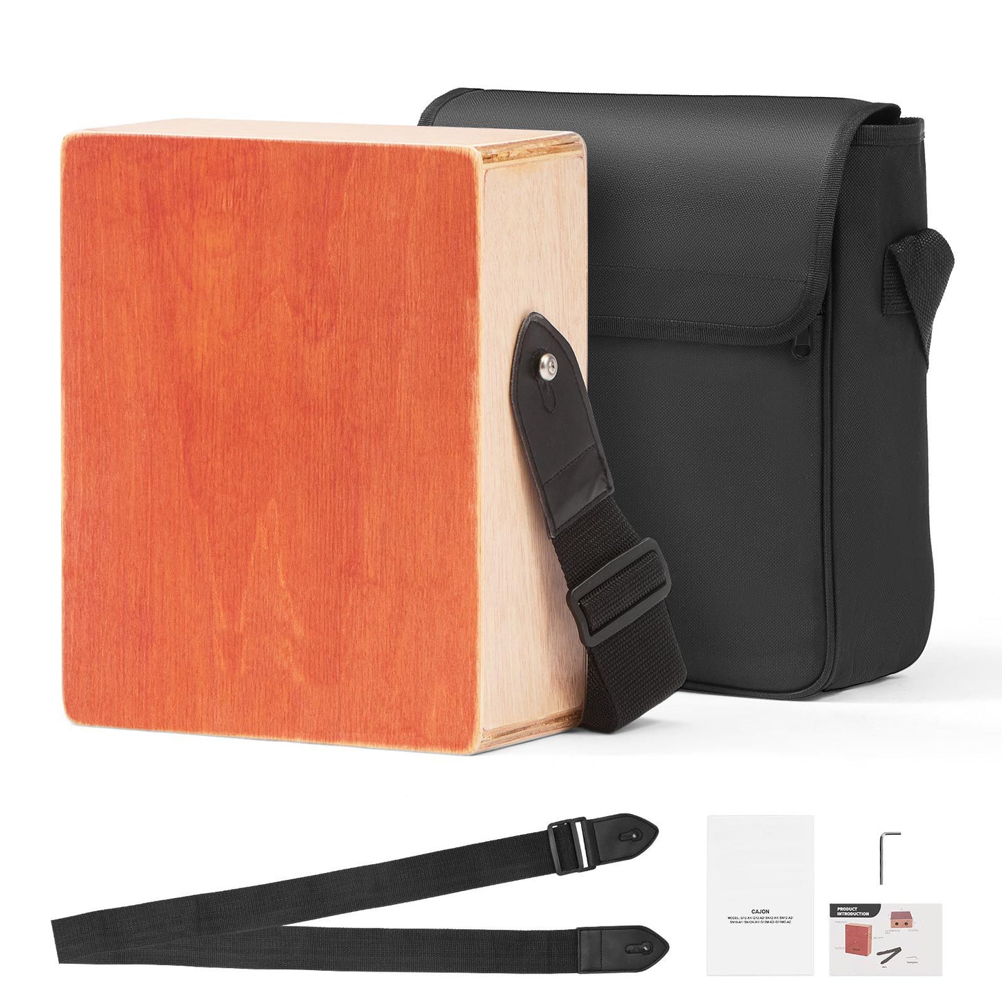 Cajon Box Drum, with Internal Guitar Strings, Lightweight Wooden Percussion Box, Portable Birch Wood Drum with Travel Bag, Adjustable Strap, for Beginners and Professionals, 230 x 100 x 280 mm