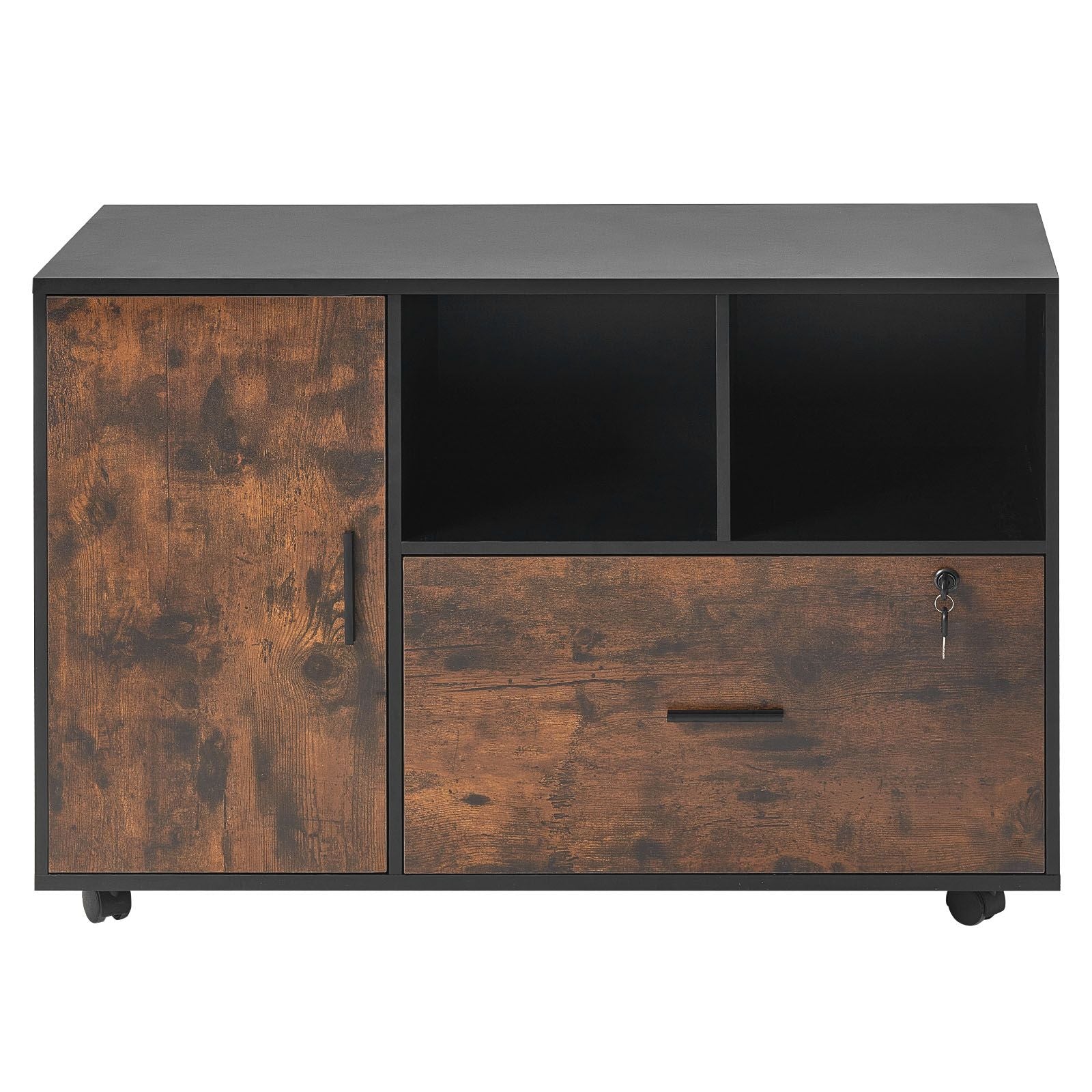 Wood File Cabinet Lockable Mobile Filing Cabinet Open Shelves Rustic Brown
