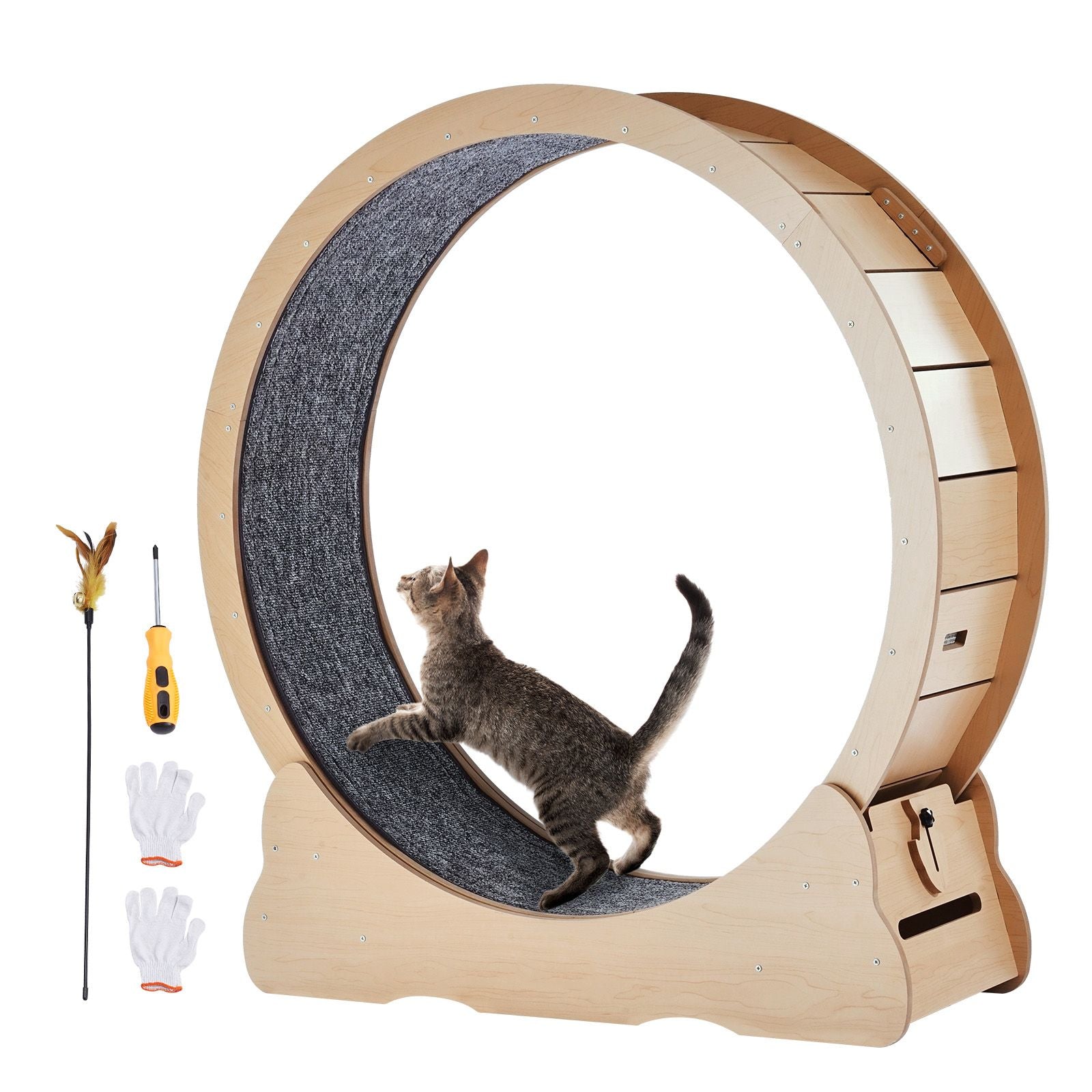 Wooden Cat Exercise Wheel, 43.3" Large Cat Treadmill Wheel for Indoor Cats, Cat Running Wheel with Detachable Carpet & Cat Teaser for Running/Walking/Training, Suitable for Most Cats Yellow