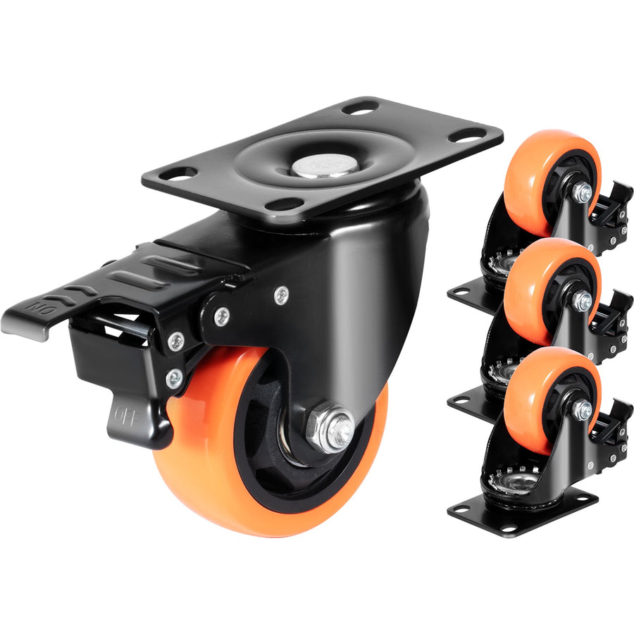 VEVOR Caster Wheels, 76.2 mm Swivel Plate Casters, Set of 4, with Security A/B Locking No Noise PVC Wheels, Heavy Duty 113 kg Load Capacity Per Caster, Non-Marking Wheels for Cart Furniture Workbench