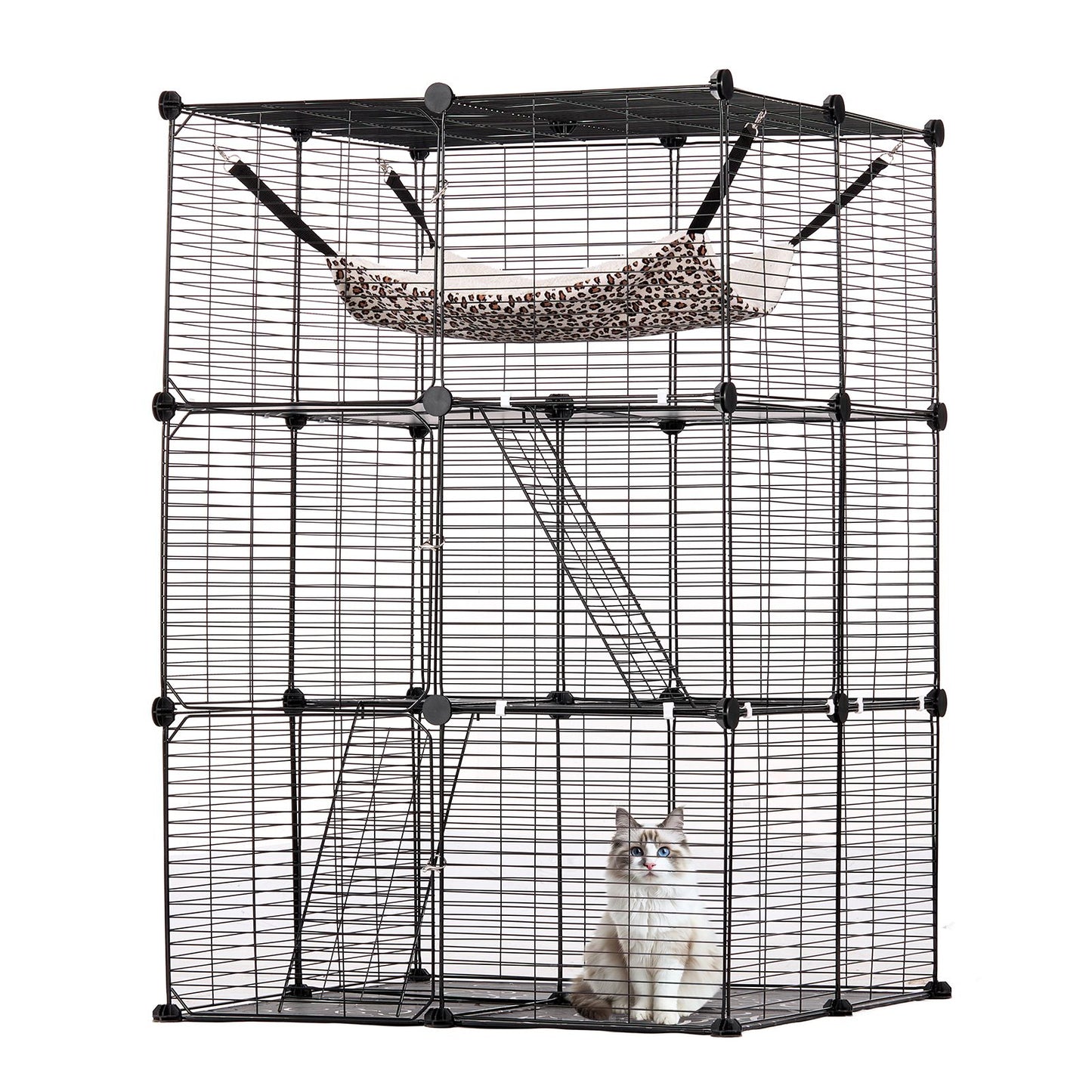 Large 3-tier Cat Cage, 28 x 28 x 41", DIY Detachable Metal Wire Durable Cat Enclosure, with Large Hammock 2 Ramp Ladders, Fit for Cats Exercise Indoor ＆ Outdoor, Ease of Assembly, Black