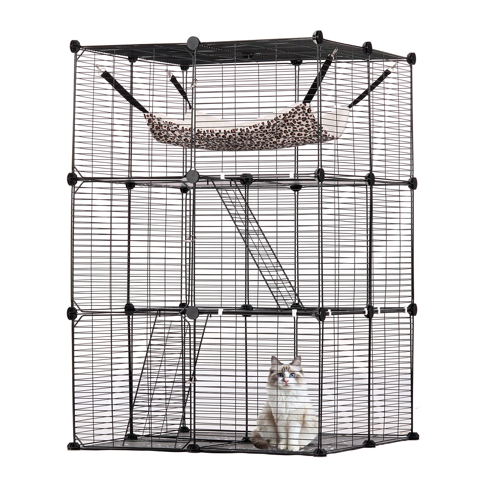 Large 3-tier Cat Cage, 28 x 28 x 41", DIY Detachable Metal Wire Durable Cat Enclosure, with Large Hammock 2 Ramp Ladders, Fit for Cats Exercise Indoor ＆ Outdoor, Ease of Assembly, Black