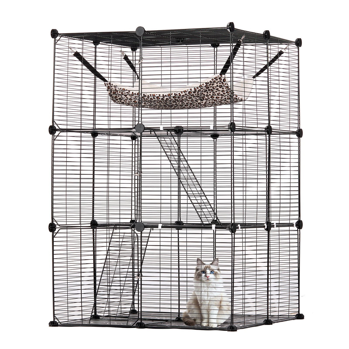 Large 3-tier Cat Cage, 28 x 28 x 41", DIY Detachable Metal Wire Durable Cat Enclosure, with Large Hammock 2 Ramp Ladders, Fit for Cats Exercise Indoor ＆ Outdoor, Ease of Assembly, Black