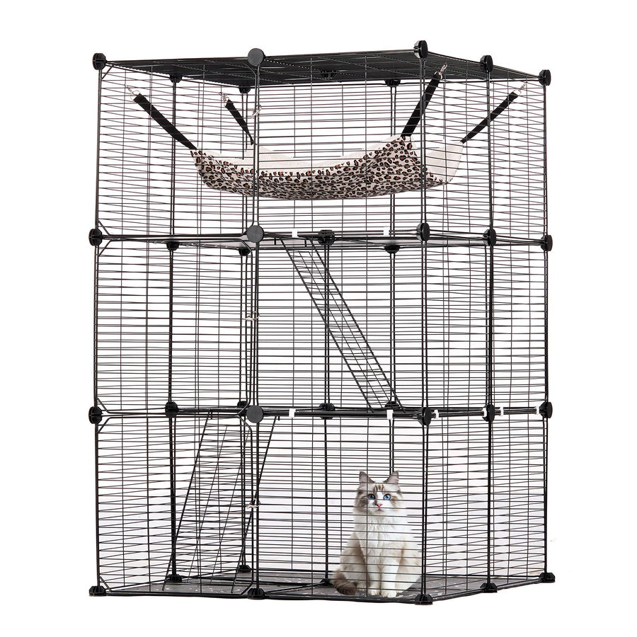 Large 3-tier Cat Cage, 28 x 28 x 41", DIY Detachable Metal Wire Durable Cat Enclosure, with Large Hammock 2 Ramp Ladders, Fit for Cats Exercise Indoor ＆ Outdoor, Ease of Assembly, Black
