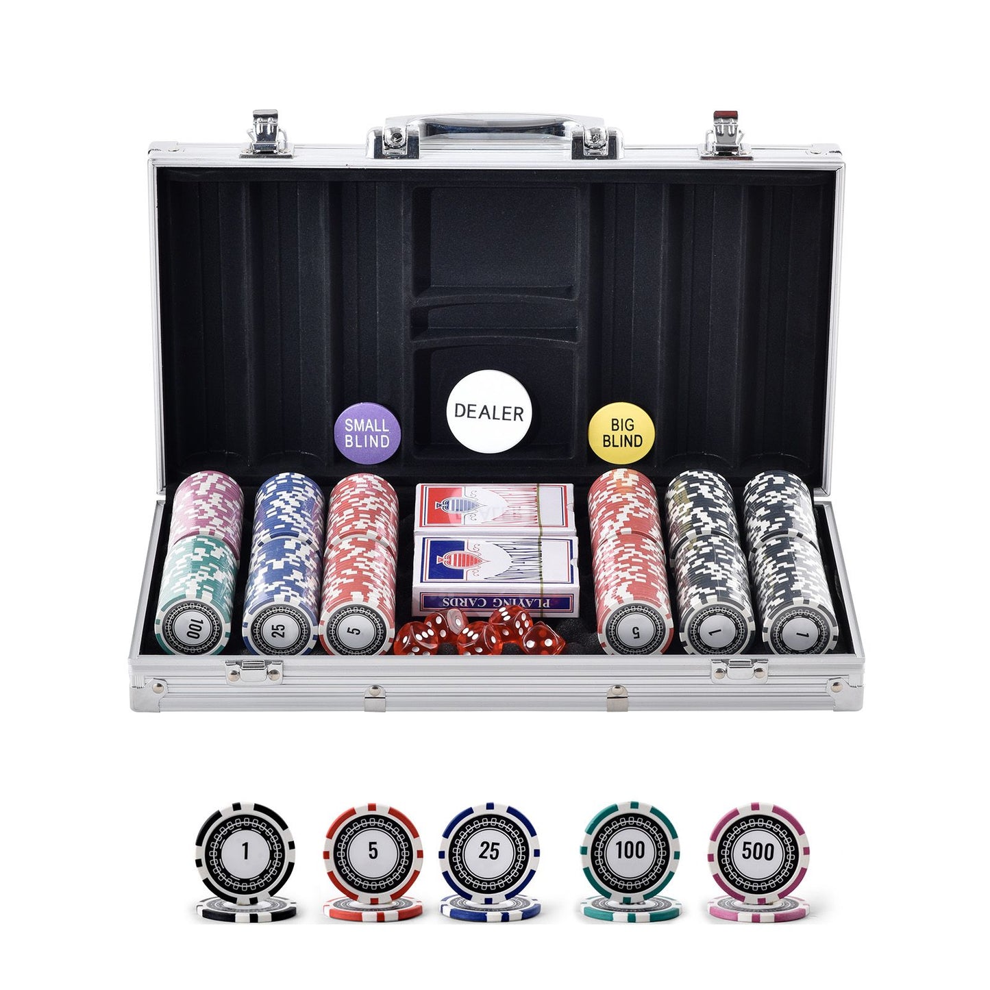 Poker Chip Set, 300-Piece Poker Set, Complete Poker Playing Game Set with Aluminum Carrying Case, 11.5 Gram Casino Chips, Cards, Buttons and Dices, for Texas Hold'em, Blackjack, Gambling