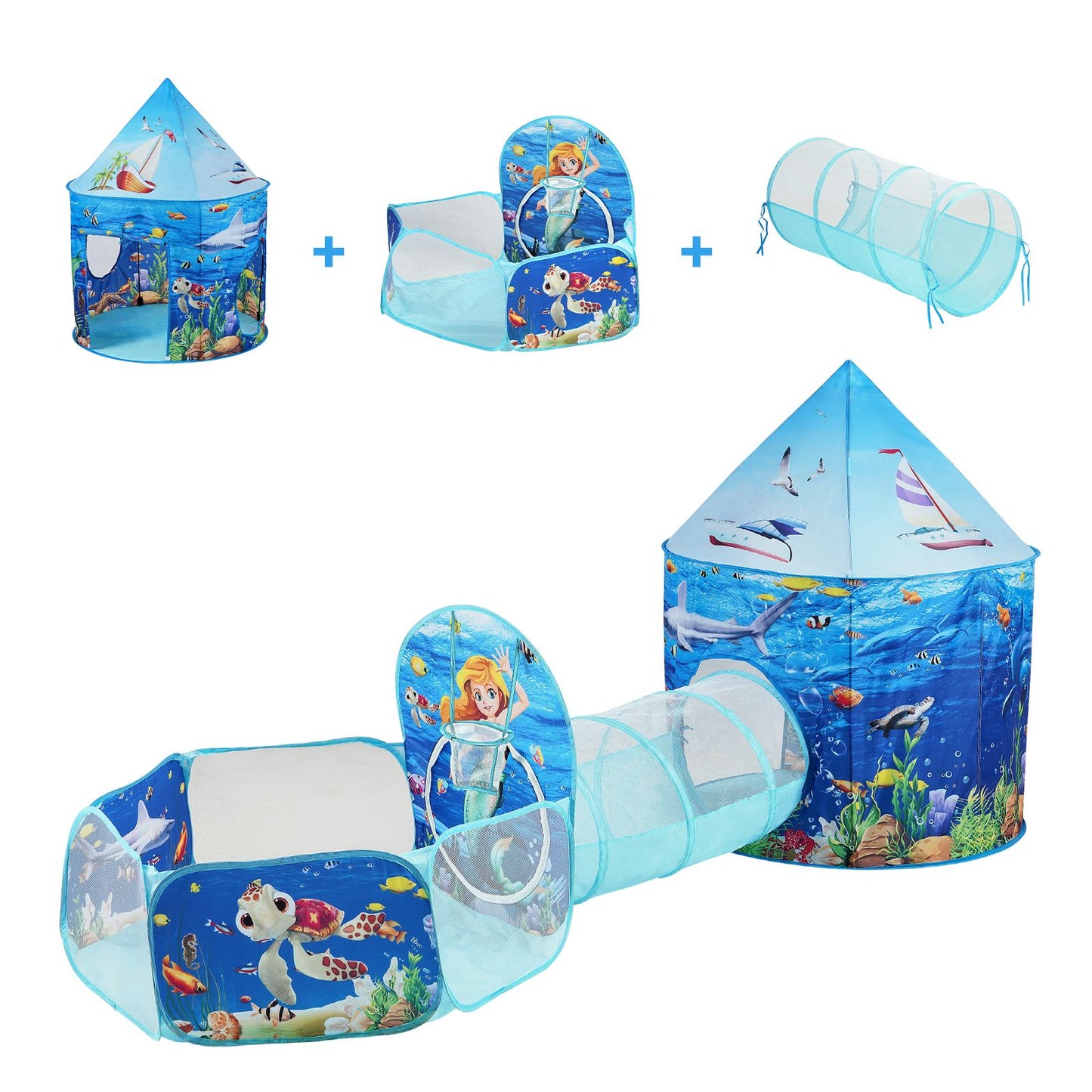 3 in 1 Kids Play Tent with Tunnel, Basketball Hoop for Boys, Girls, Babies and Toddlers, Indoor/Outdoor Pop Up Playhouse with Carrying Bag & Banding Straps Birthday Gifts, Blue Ocean