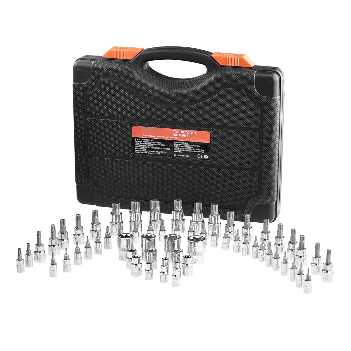 Torx Bit Socket and External Torx Socket Set, 60-Piece T6-T70, TT6-TT70, TP8-TP60, E4-E24, S2 Alloy Steel and Cr-V Steel, 1/4 in, 3/8 in, and 1/2 in Drives, with Enhanced Storage Case, Hand Use