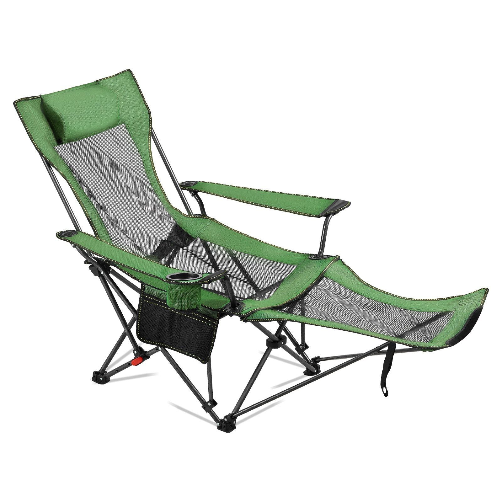 Reclining Camping Chair, 4 Adjustable Positions, Portable Folding Lounger for Adults, Mesh Beach Chair with Headrest & Foot Rest, Supports 220 lbs, Heavy Duty Camp Chairs for Patio, Green
