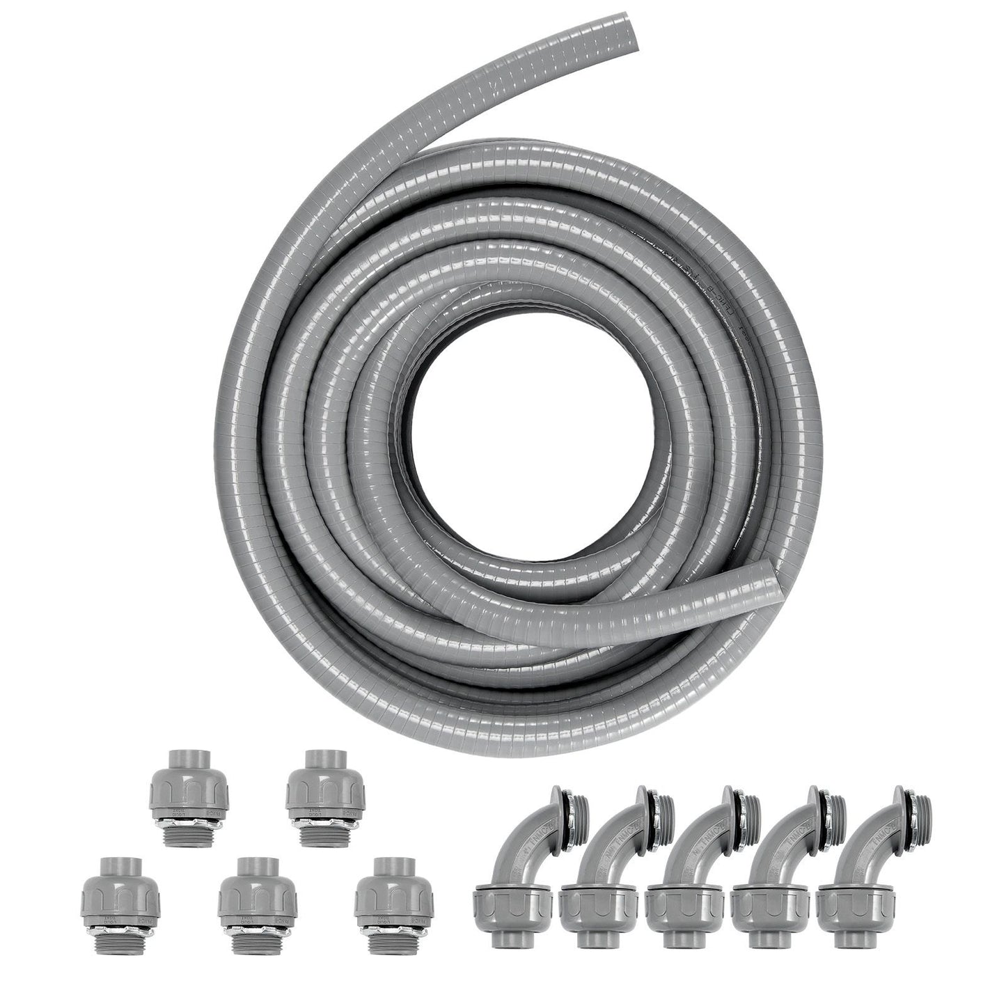 12.7 mm Flexible Electrical Conduit, 30.5 m, PVC Liquid-Tight Conduit Non-Metallic with 5 Straight and 5 90-Degree Conduit Connector Fittings, for Air Conditioning Motor Controller Pump, IP65