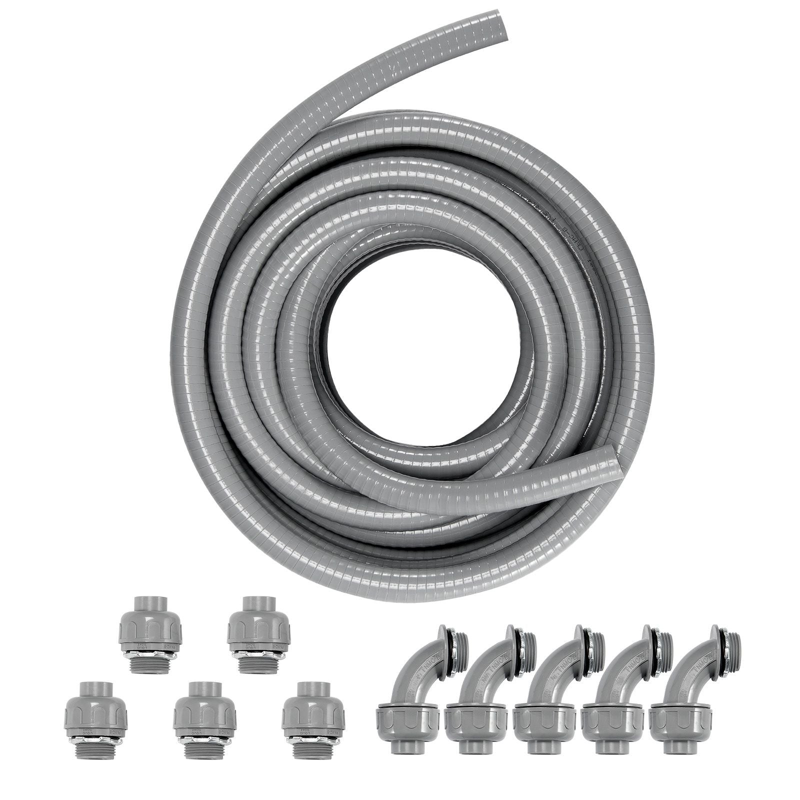 12.7 mm Flexible Electrical Conduit, 30.5 m, PVC Liquid-Tight Conduit Non-Metallic with 5 Straight and 5 90-Degree Conduit Connector Fittings, for Air Conditioning Motor Controller Pump, IP65