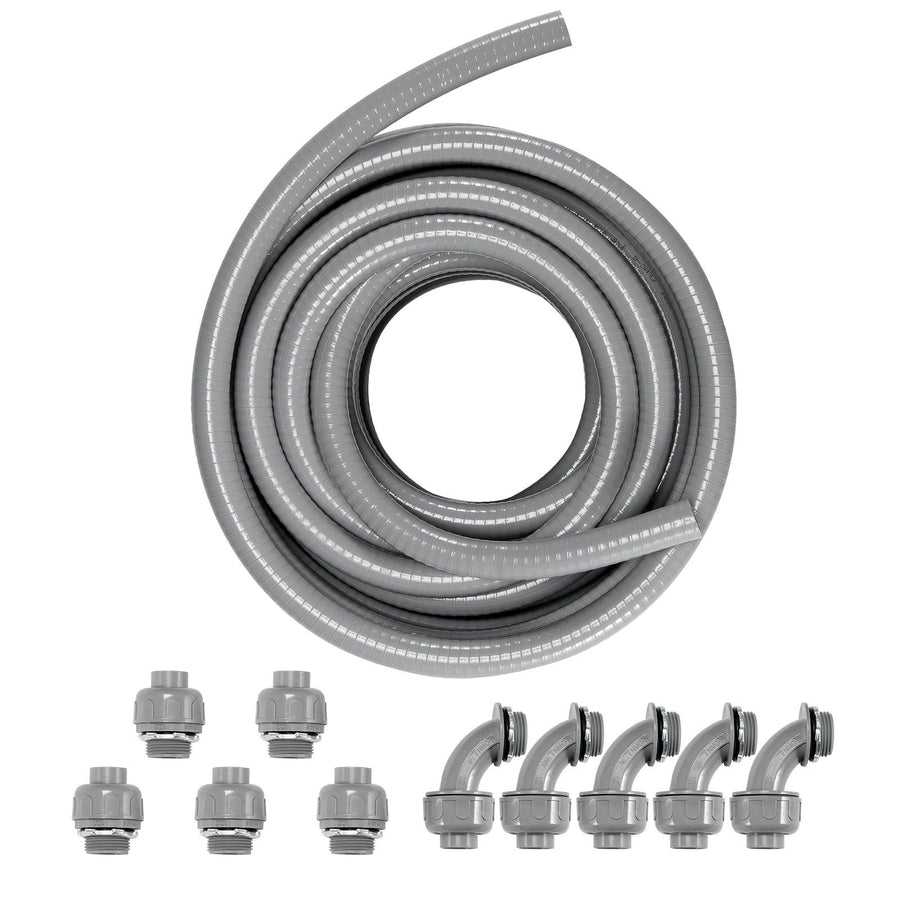 12.7 mm Flexible Electrical Conduit, 30.5 m, PVC Liquid-Tight Conduit Non-Metallic with 5 Straight and 5 90-Degree Conduit Connector Fittings, for Air Conditioning Motor Controller Pump, IP65