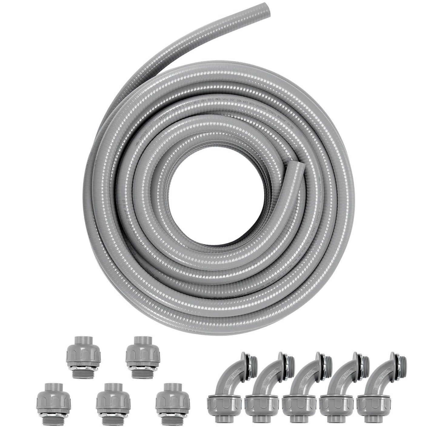 25.4 mm Flexible Electrical Conduit, 30.5 m, PVC Liquid-Tight Conduit Non-Metallic with 5 Straight and 5 90-Degree Conduit Connector Fittings, for Air Conditioning Motor Controller Pump, IP65