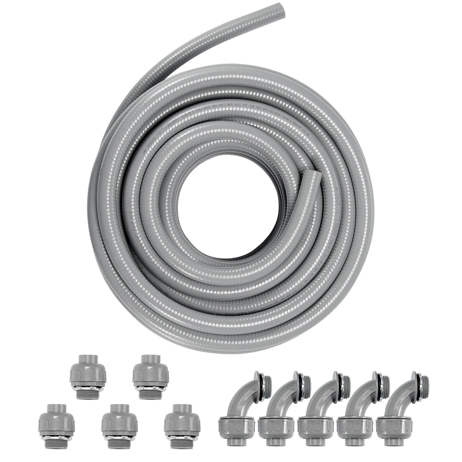 25.4 mm Flexible Electrical Conduit, 30.5 m, PVC Liquid-Tight Conduit Non-Metallic with 5 Straight and 5 90-Degree Conduit Connector Fittings, for Air Conditioning Motor Controller Pump, IP65