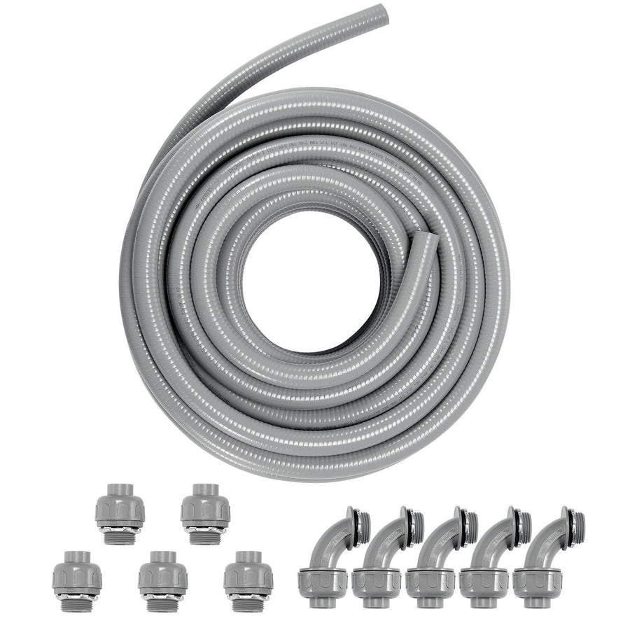 25.4 mm Flexible Electrical Conduit, 30.5 m, PVC Liquid-Tight Conduit Non-Metallic with 5 Straight and 5 90-Degree Conduit Connector Fittings, for Air Conditioning Motor Controller Pump, IP65