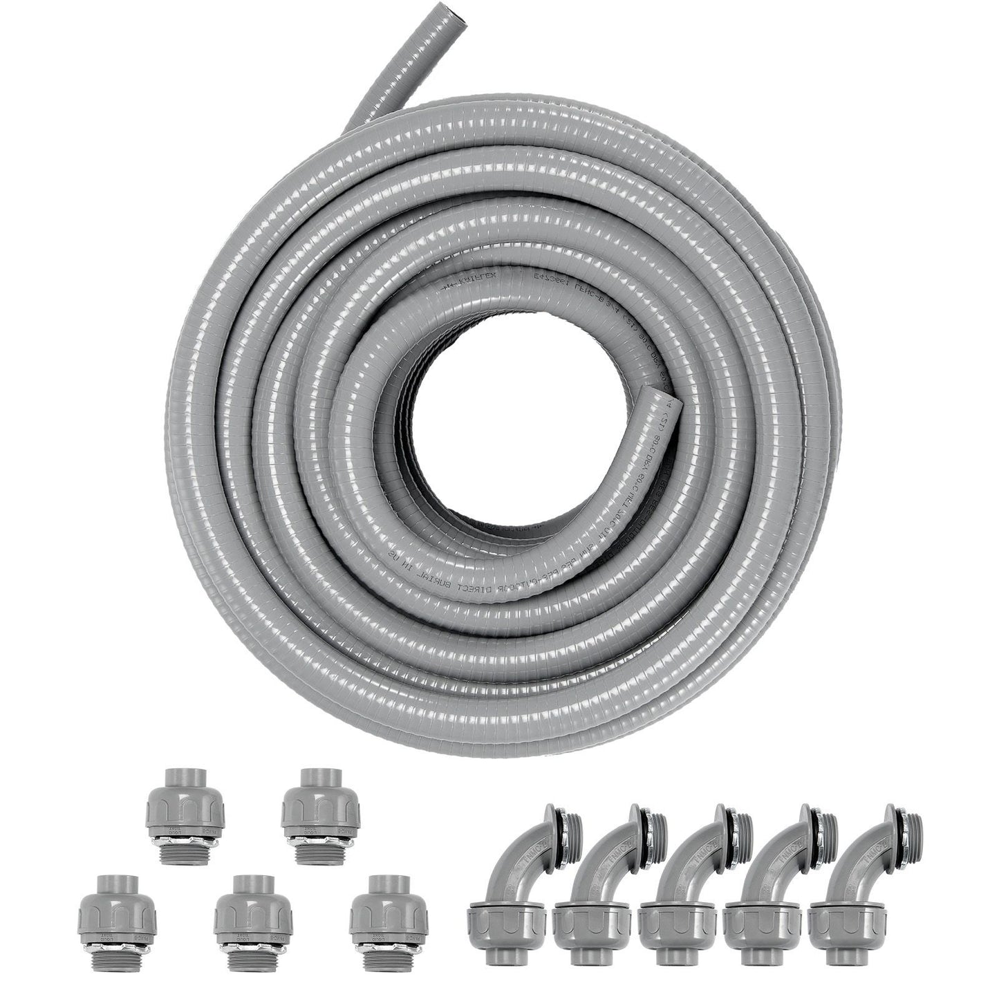 19.1 mm Flexible Electrical Conduit, 30.5 m, PVC Liquid-Tight Conduit Non-Metallic with 5 Straight and 5 90-Degree Conduit Connector Fittings, for Air Conditioning Motor Controller Pump, IP65