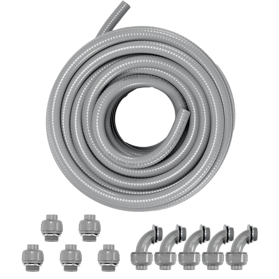 19.1 mm Flexible Electrical Conduit, 30.5 m, PVC Liquid-Tight Conduit Non-Metallic with 5 Straight and 5 90-Degree Conduit Connector Fittings, for Air Conditioning Motor Controller Pump, IP65