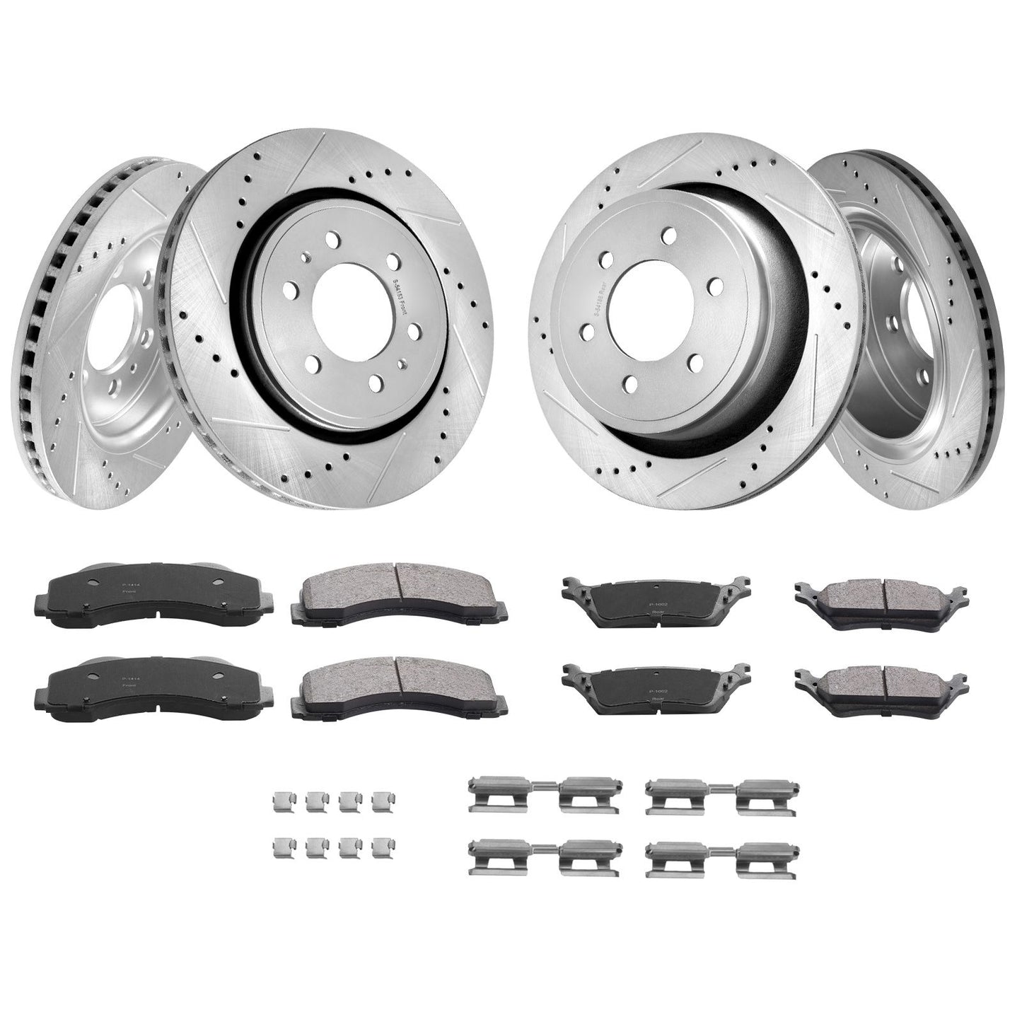 Front and Rear Brake Kit Compatible with 2012-2020 Ford F-150(MPB Only), Drilled and Slotted Brake Rotors Ceramic Brake Pads Replacement, 13.8" Front Rotors 13.7" Rear Rotors
