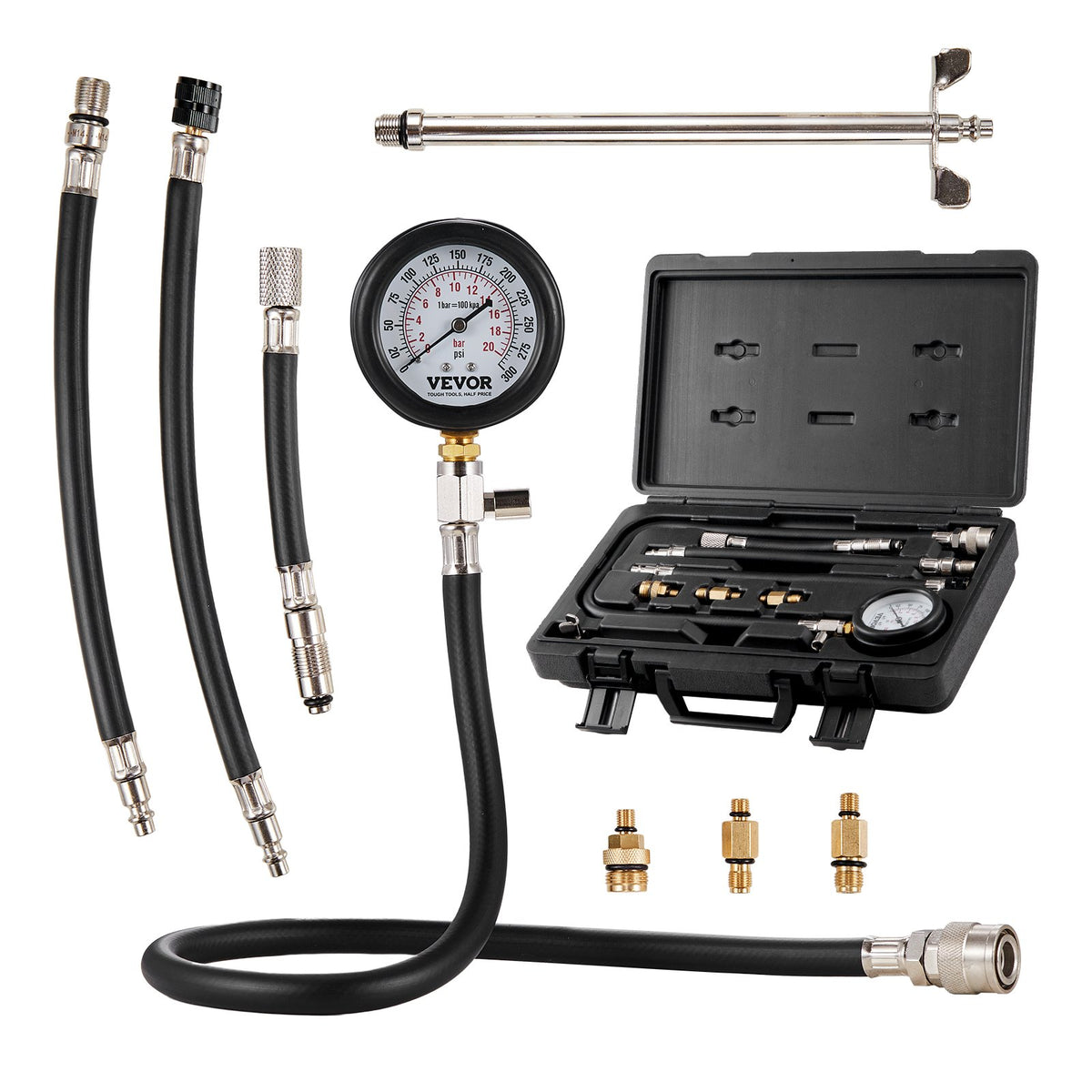 Compression Tester Adapter Kit, 9 Pcs Automotive Engine Cylinder Leak Down Compression Test, Accurate Dual Scale Pressure Gauge 0-300 psi, with Long Reach Hoses and Case for Engine Cylinders