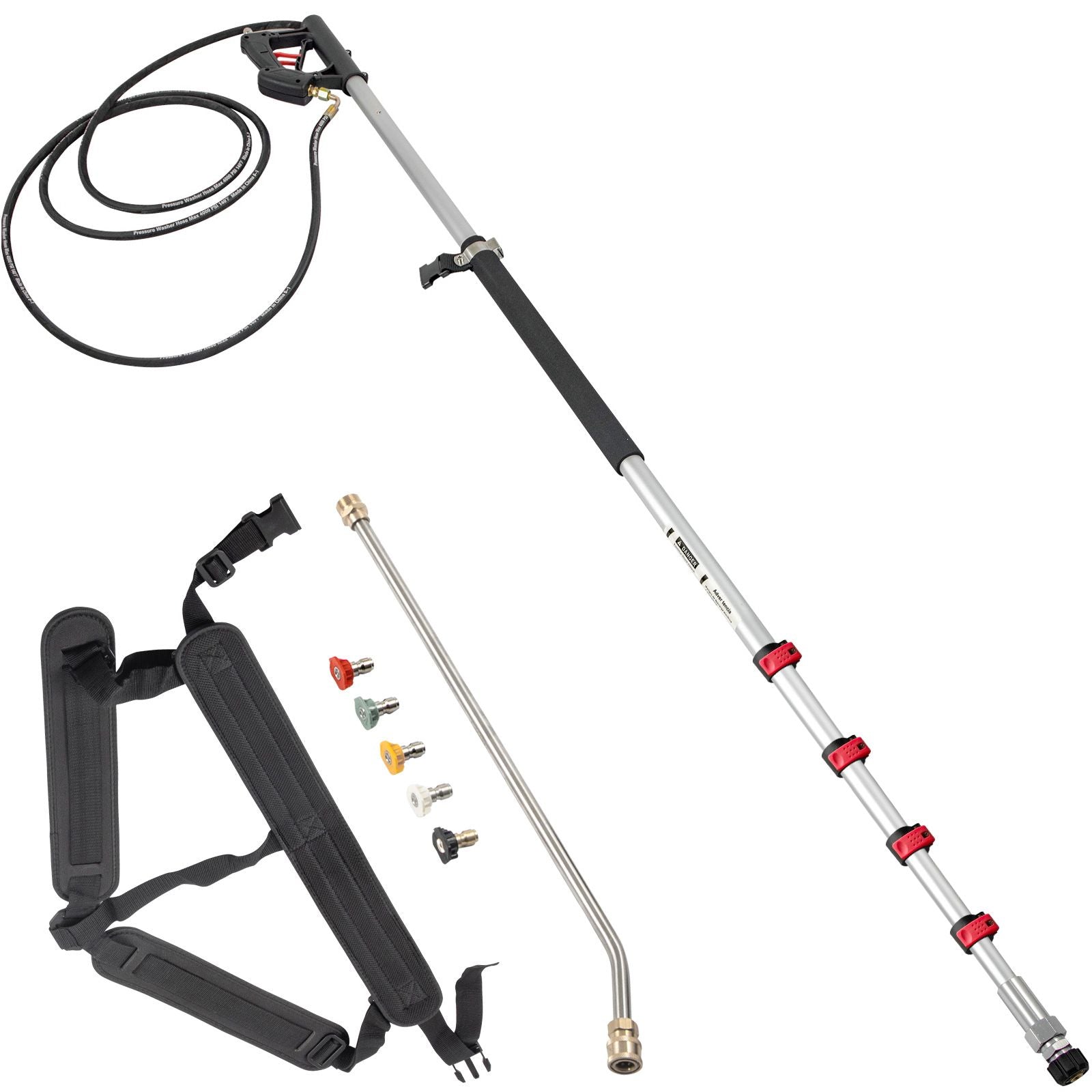 Telescoping Pressure Washer Wand, 20 ft 5-Section Length Adjustable, Max. 4000 PSI Fit for 3/8'' Quick Connection, 5 Spray Nozzles, Belt, for Roof, Fence, Gutter, Silver