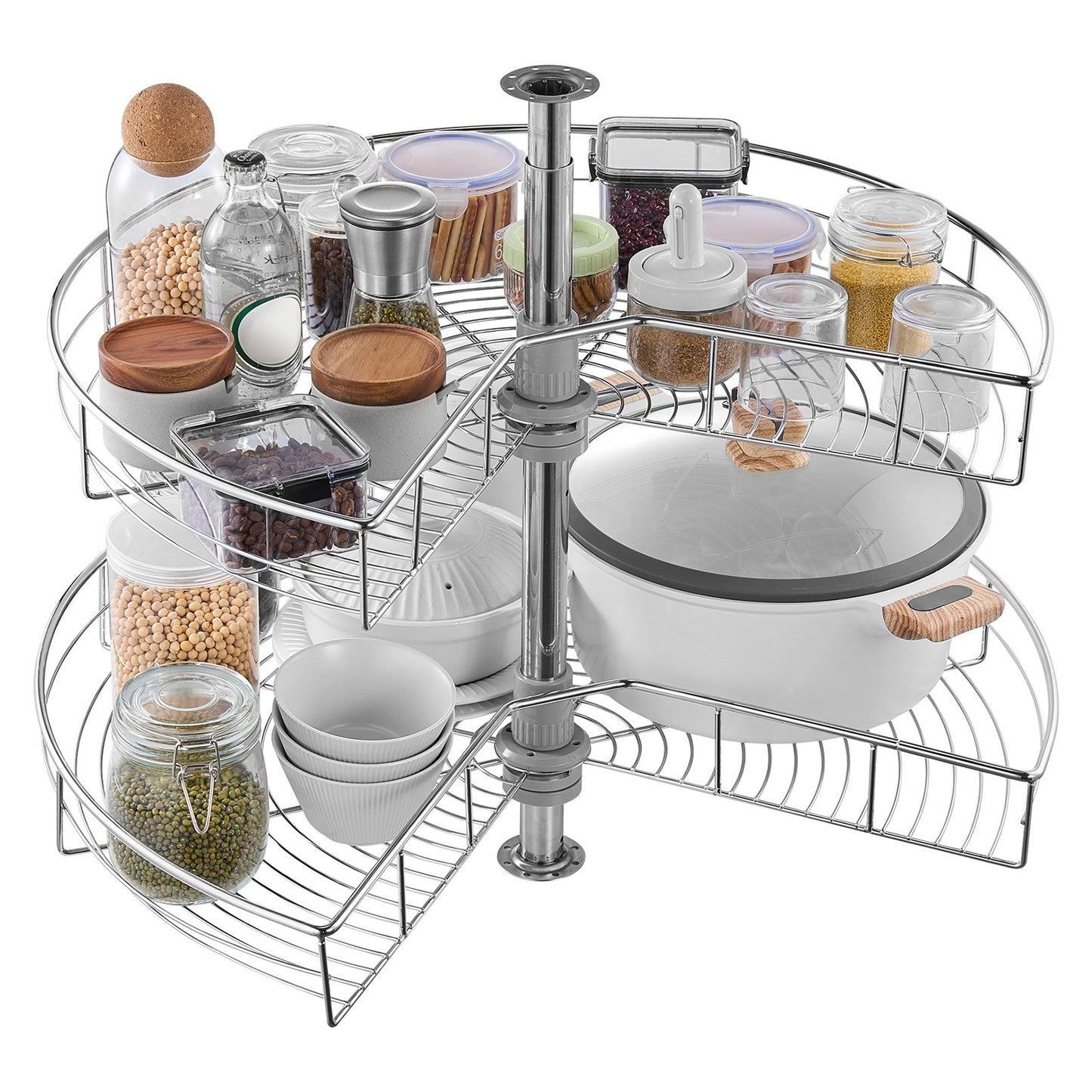 28" Kidney Shaped Chrome Corner Organizer, 360° Rotatble Kitchen Base Cabinet Blind Corner, 2 Tier Height Adjustable Storage Rack, Carbon Steel Lazy Susan Replacement Shelf for Cabinet Corner