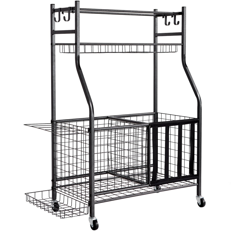 VEVOR Sports Equipment Garage Organizer, Rolling Ball Storage Cart on Wheels, Basketball Rack with Baskets & Hooks, Indoor/Outdoor Sports Gear and Toys Storage, Steel Sports Equipment Organizer, Black