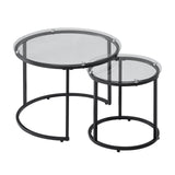 Nesting Coffee Table Set of 2, 600 mm Round Coffee Table, Glass Nesting Tables for Small Place, Modern End Side Tables Night Stand with Metal Frame, for Living Room, Bedroom, Balcony, Office