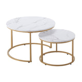 Nesting Coffee Table Set of 2, 700 mm Round Coffee Table, Nesting Tables for Small Place, Vintage End Side Tables Night Stand with Metal Frame, for Living Room, Bedroom, Office (White & Gold)